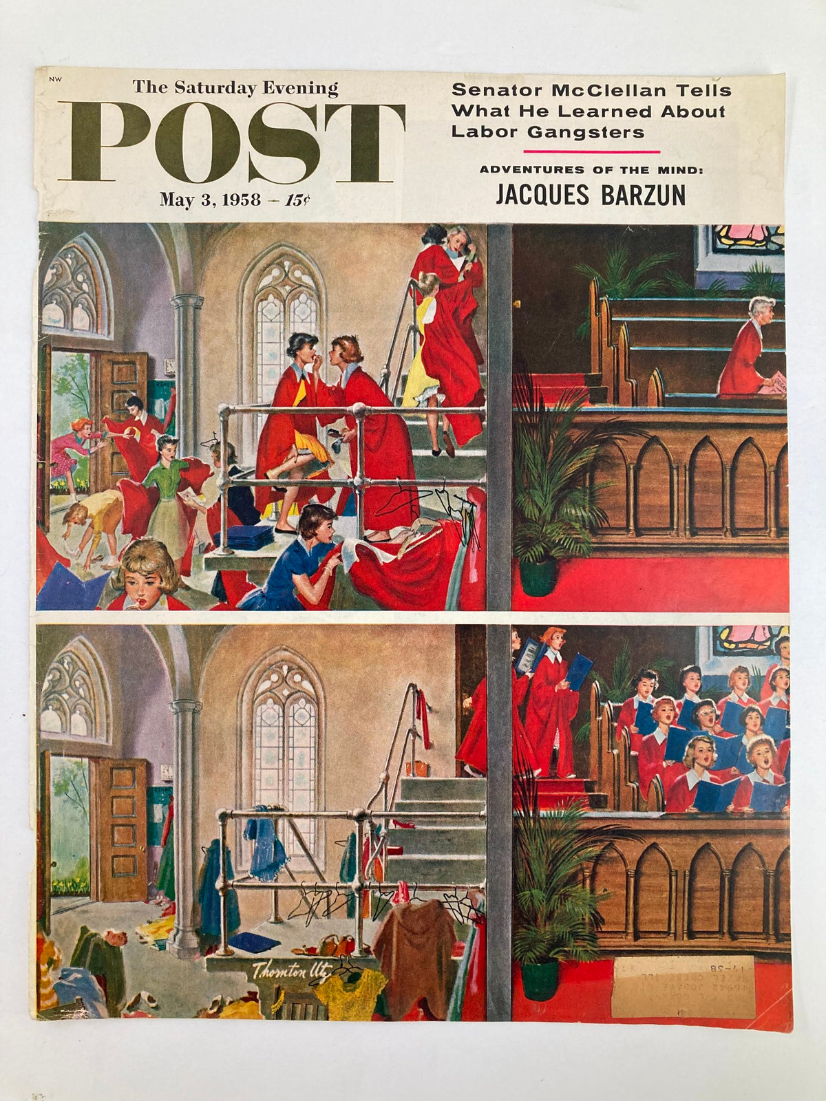 Another view of the vintage magazine cover for The Saturday Evening Post from May 3, 1958, showcasing the same vibrant church scenes with artistic details that highlight the cultural context of the 1950s. The cover features Jacques Barzun's article 'Mind Adventures,' perfect for enthusiasts of historical publications.