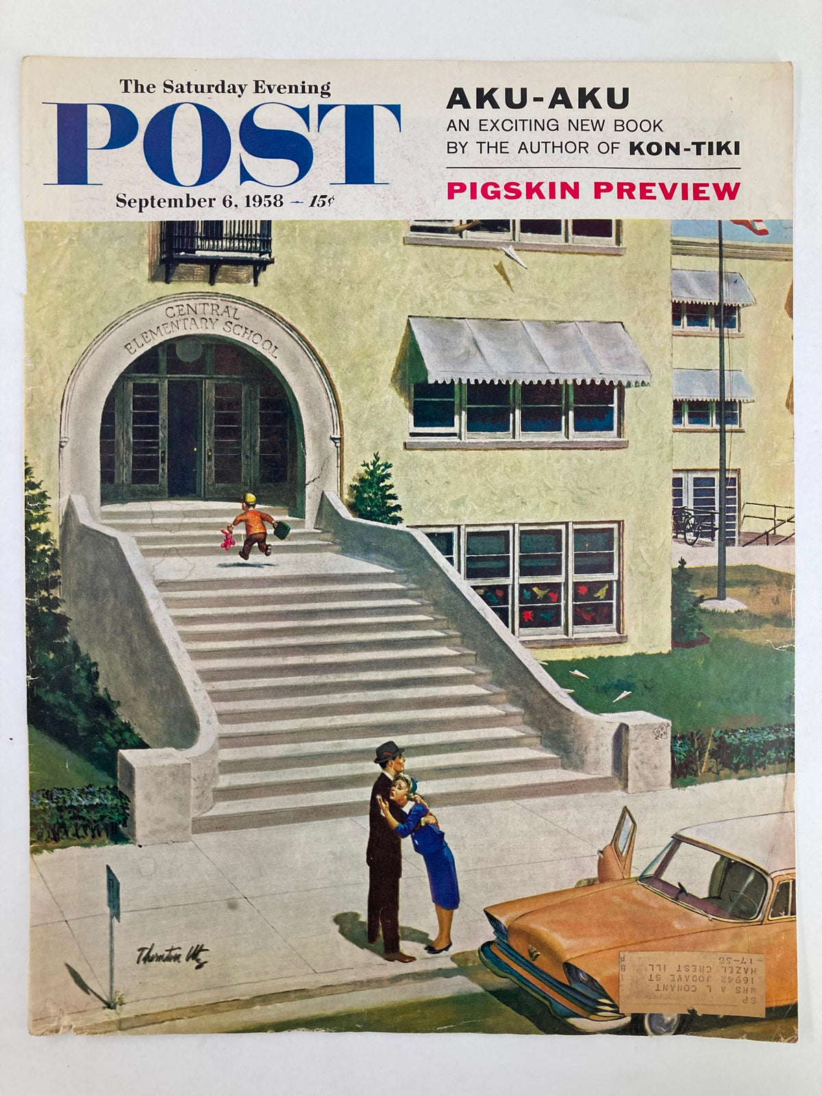 The Saturday Evening Post cover dated September 6, 1958 highlighting the Aku-Aku Book by Kon-Tiki, showcasing a charming scene of a couple and children near Central Elementary School.