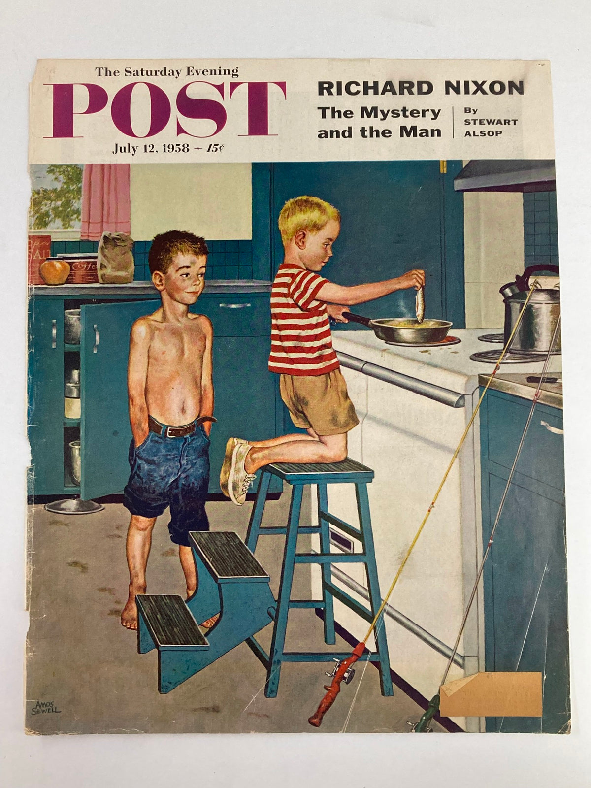 The Saturday Evening Post July 12 1958 cover with Richard Nixon, titled 'The Mystery Man and the Man,' illustrating a charming kitchen scene with two boys, capturing vintage American culture.