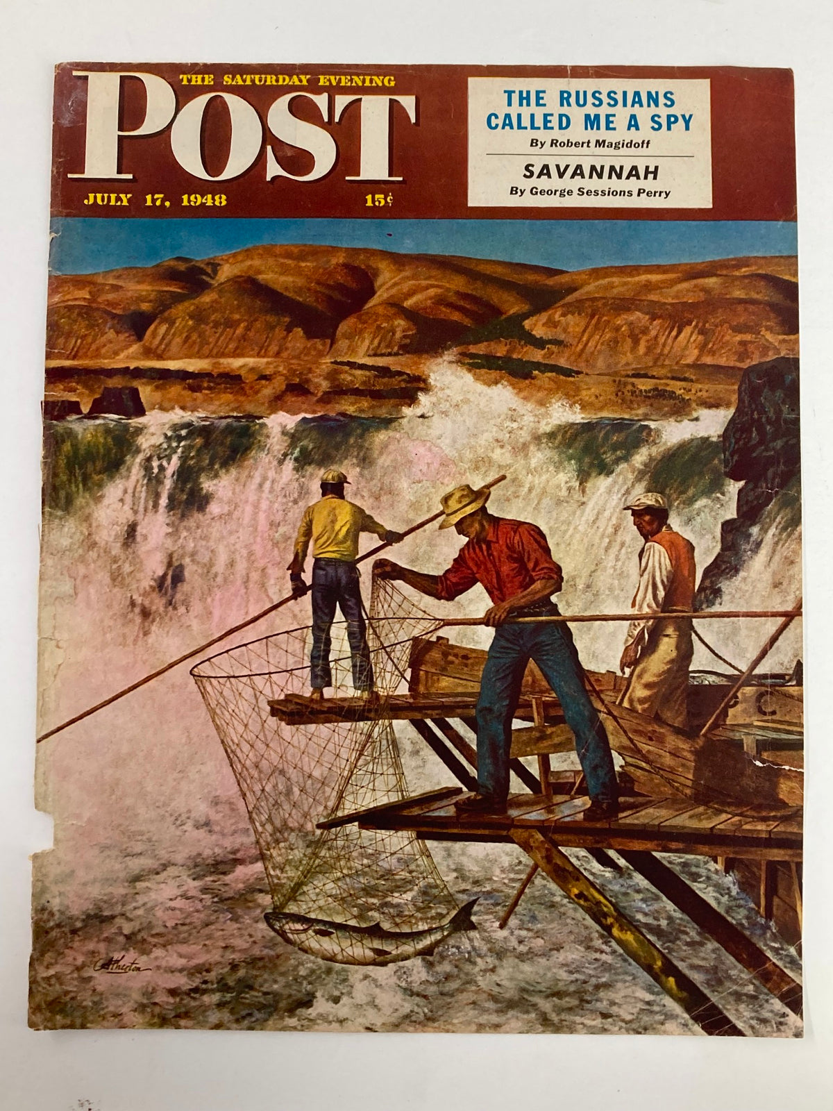 Vintage cover of The Saturday Evening Post from July 17, 1948, showcasing the artwork for 'The Russians Called Me A Spy', depicting men fishing by a rushing waterfall.