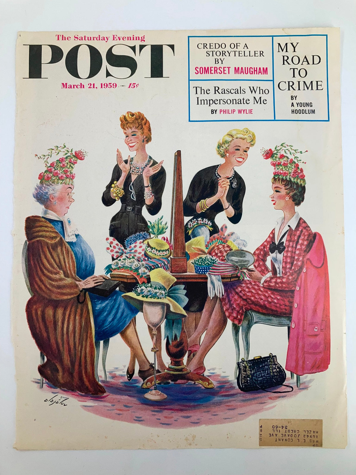 The Saturday Evening Post cover from March 21, 1959, featuring the title 'My Road To Crime', showcasing an illustration of four women in vintage attire surrounded by a table full of decor and refreshments.
