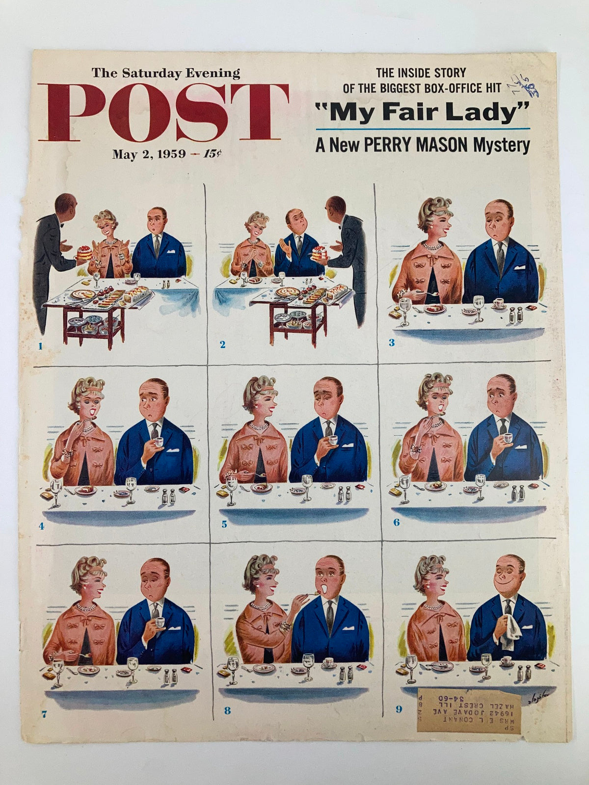 COVER ONLY The Saturday Evening Post May 2 1959 featuring My Fair Lady illustration, depicting a vintage restaurant setting with humor and charm in the artwork.