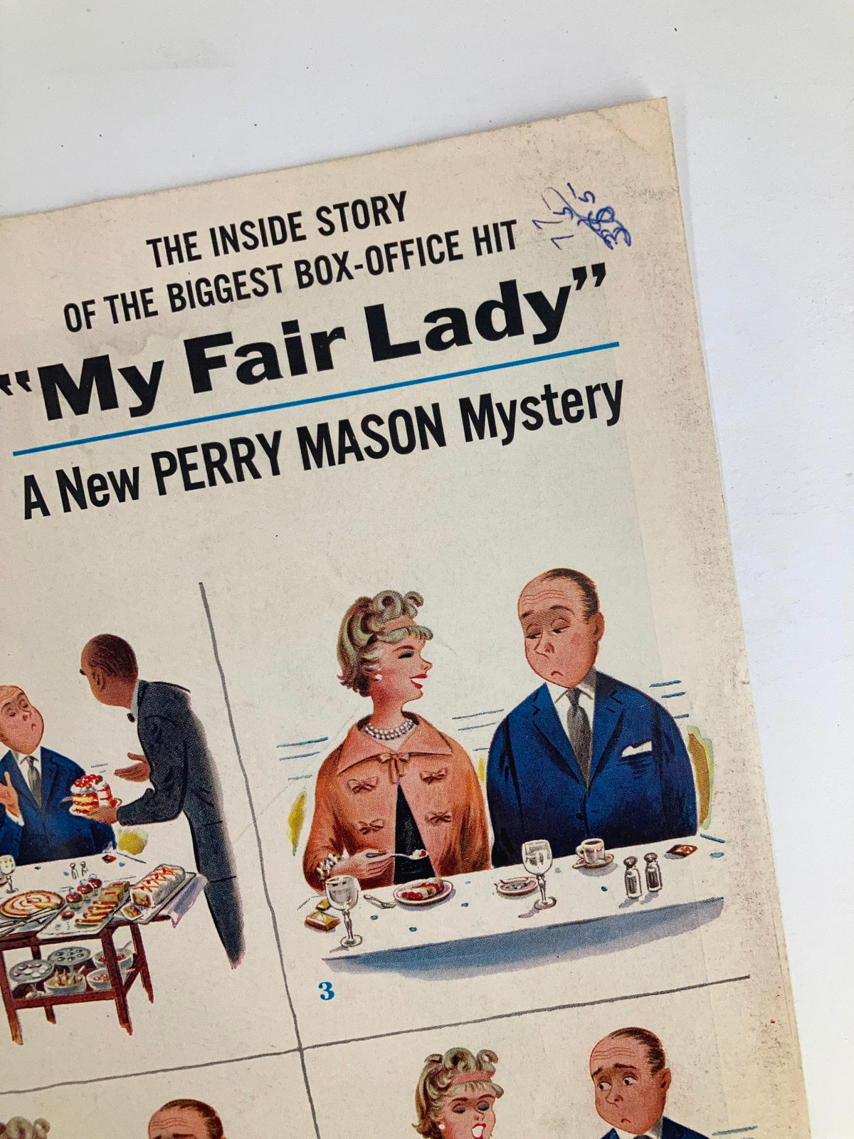 Illustration from the May 2, 1959 issue of The Saturday Evening Post titled 'My Fair Lady', featuring characters at a dining table depicting the story's social drama; a vintage magazine cover art by Perry Mason.