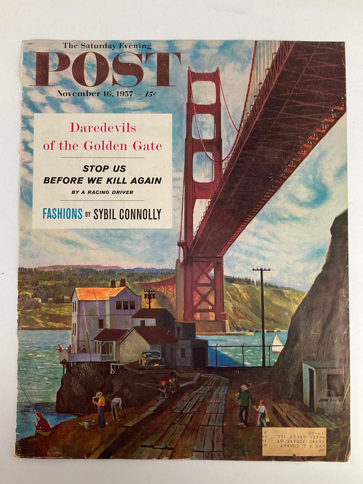 Alternate view of The Saturday Evening Post cover from November 16, 1957, highlighting 'Daredevils of the Golden Gate.' Features the iconic bridge and vintage coastal scenery.
