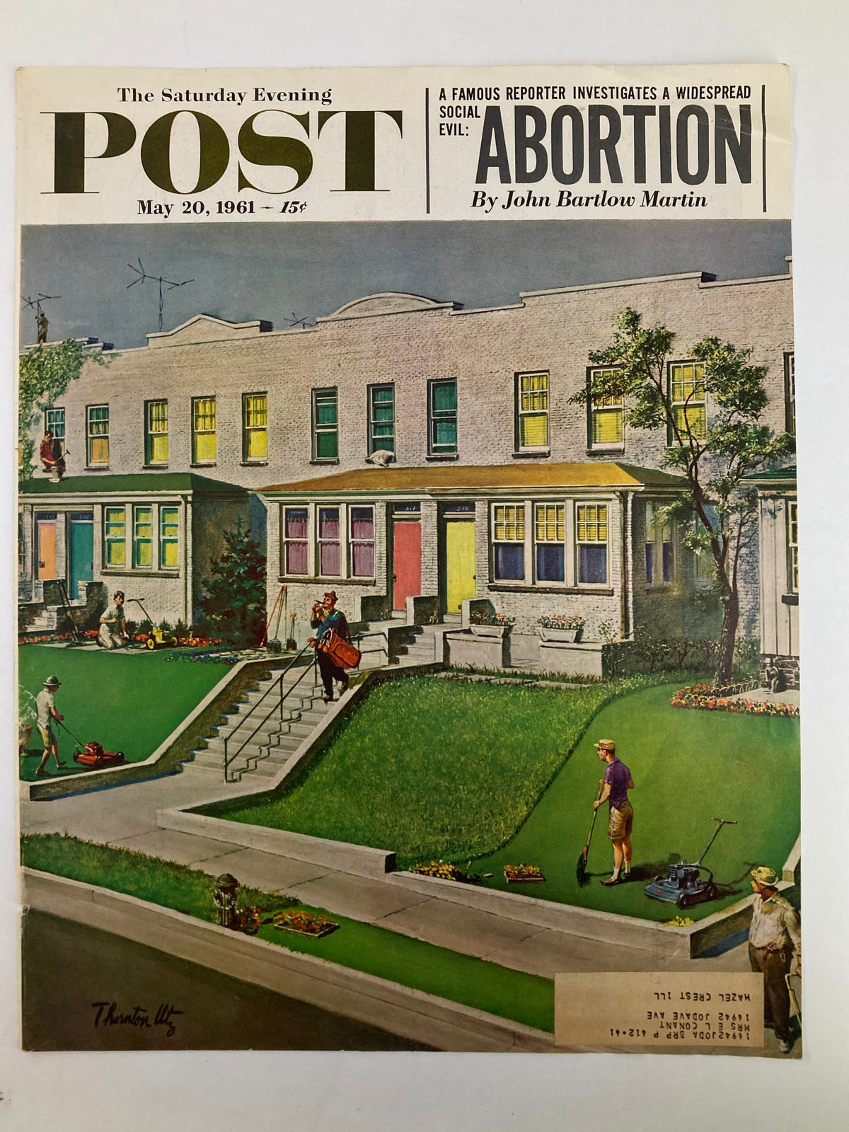Cover of The Saturday Evening Post from May 20, 1961, showcasing artwork by John B. Martin, illustrating the theme of abortion amidst a scene of residential life with men maintaining their yards.