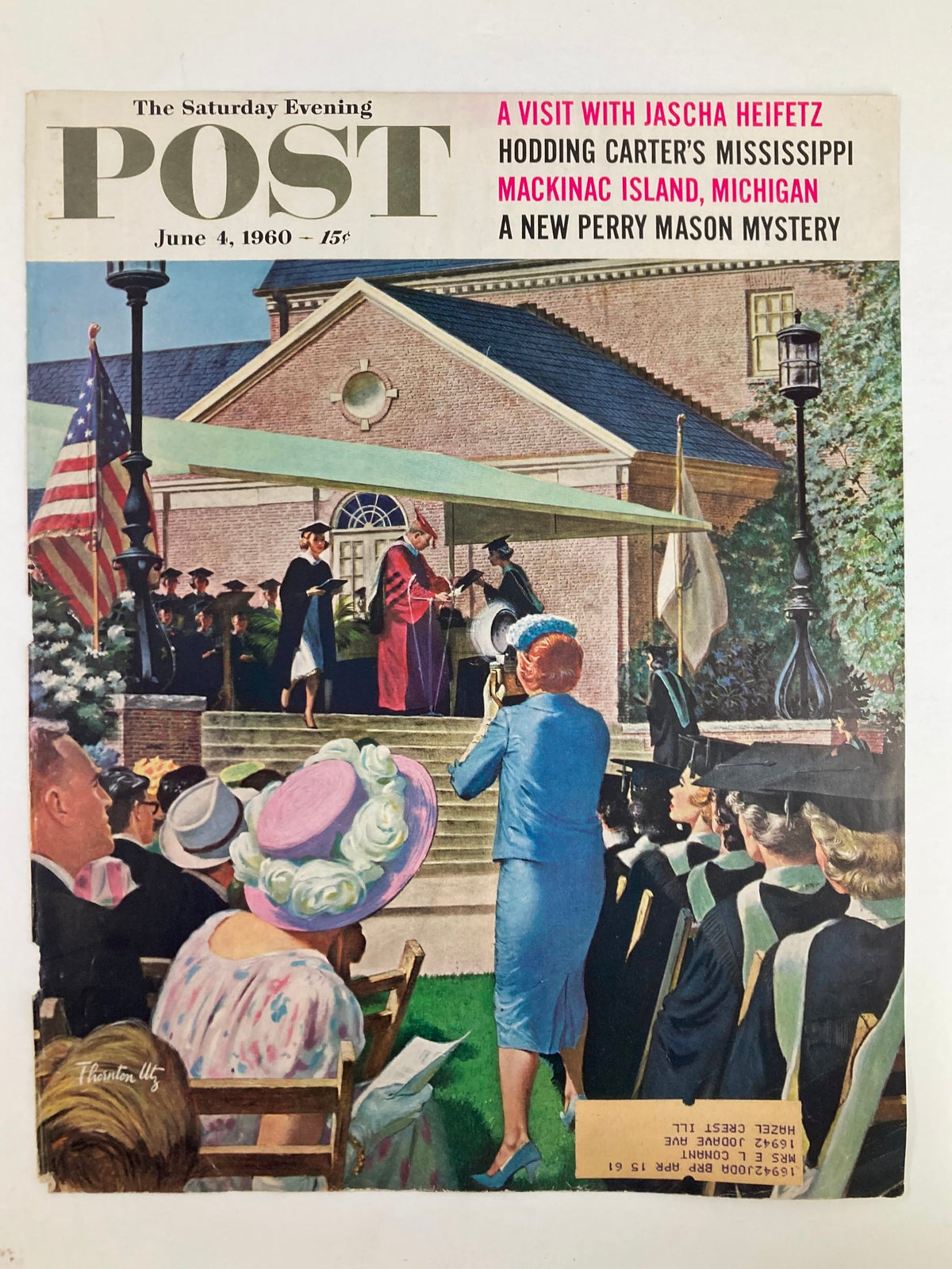 The Saturday Evening Post cover from June 4, 1960, depicting a graduation scene with a crowd, including a woman in a pink hat and a blue dress capturing the moment. The cover is dedicated to Jascha Heifetz.