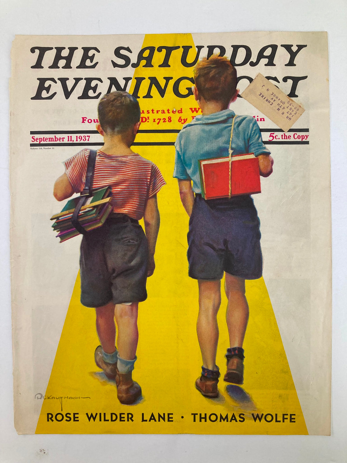 The Saturday Evening Post cover September 11, 1937, depicting two children with books, highlighting the nostalgic artwork of Rose Wilder Lane.