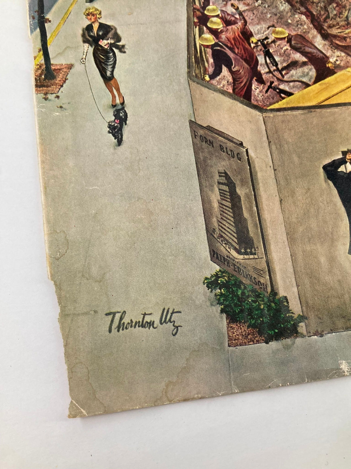 Detail image of the lower section of The Saturday Evening Post cover, dated November 21, 1959, illustrating the Charlie Chaplin Case. This close-up highlights Thornton Utz's signature and the surrounding design elements of the vintage magazine.