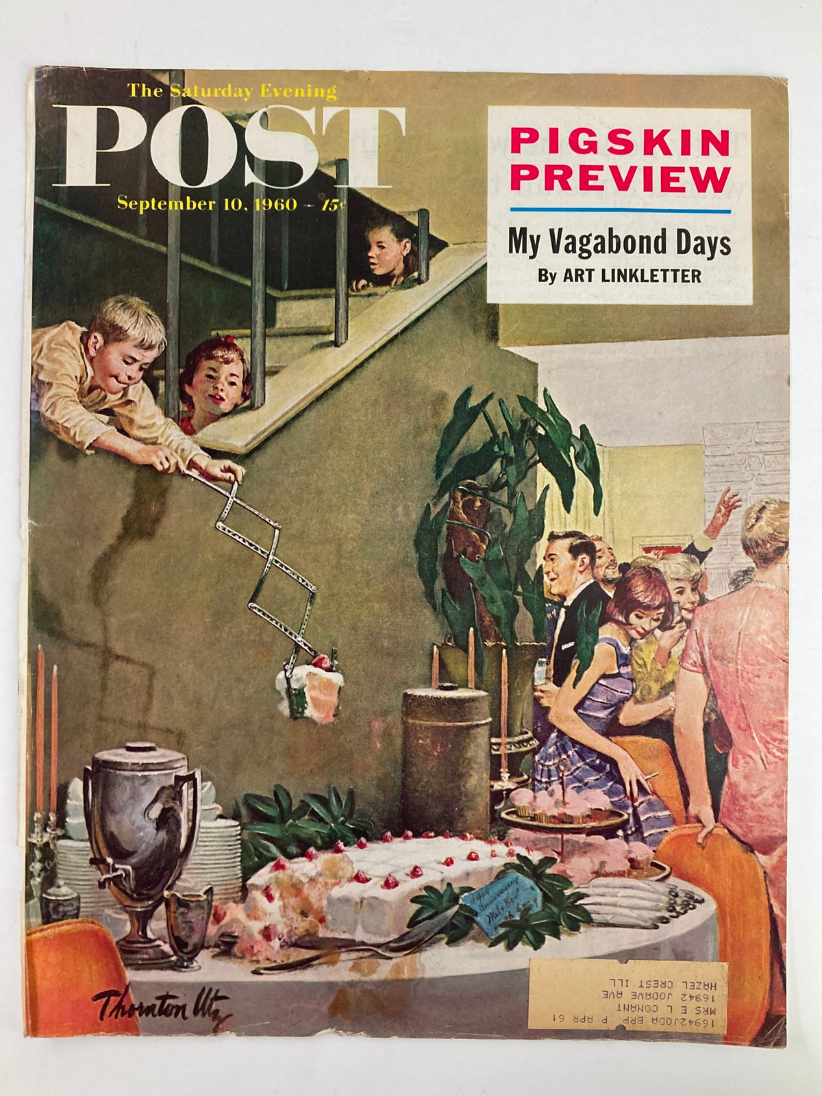 The Saturday Evening Post September 10 1960 My Vagabond Days cover depicting a lively party scene with children using a toy, complete with retro elements and charming decorations from the 1960s.