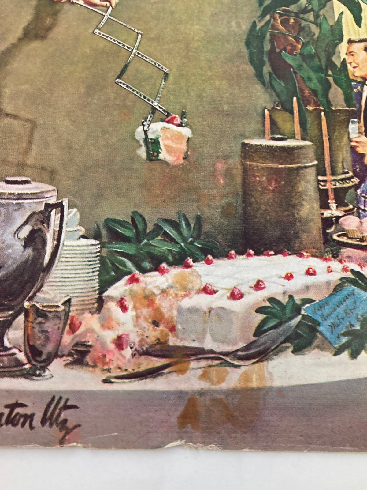 Detail of The Saturday Evening Post September 10 1960 My Vagabond Days cover showcasing a rich dessert display, including a slice of cake with cherries, and a vintage teapot, capturing the nostalgic charm of mid-century America.