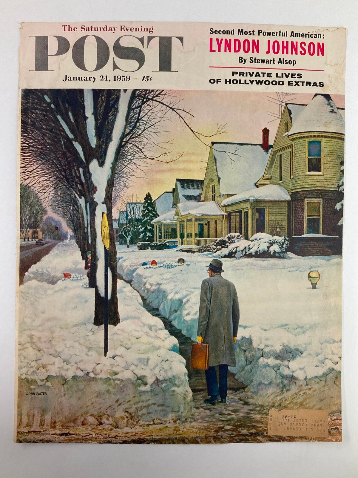 Cover Only of The Saturday Evening Post January 24, 1959, with an eye-catching illustration by John Falter. The scene features a man carrying a briefcase while navigating a snow-covered street, reflecting the aesthetics of the late 1950s.