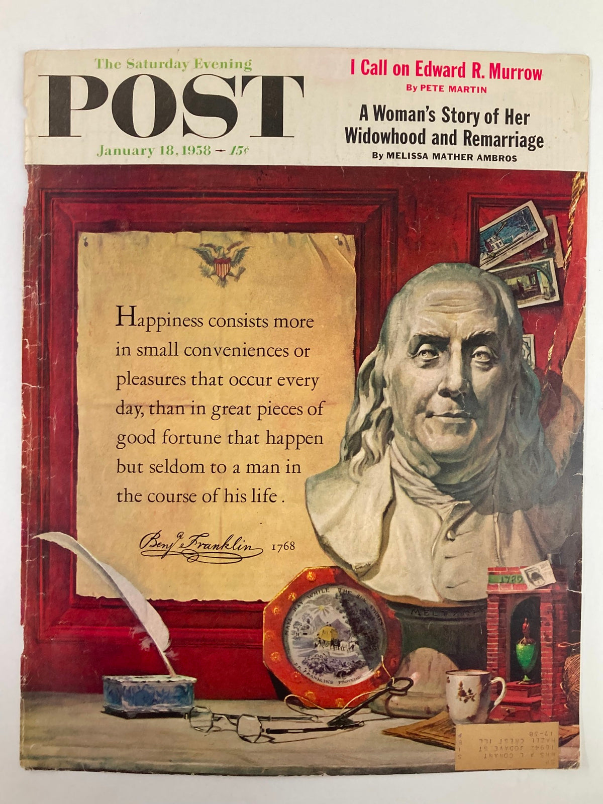 Cover of The Saturday Evening Post, dated January 18, 1958, showcasing Benjamin Franklin's bust alongside a quote on happiness. The title 'I Call on Edward R. Murrow' is prominently displayed.