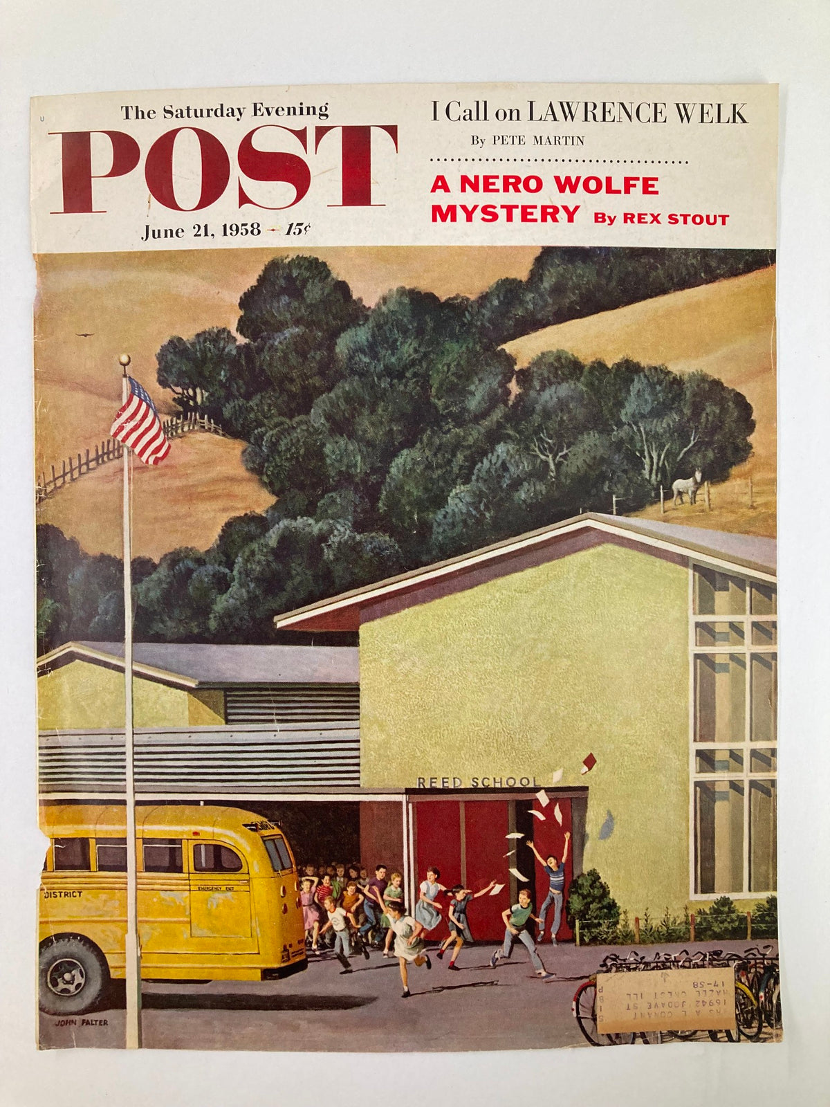 Cover of The Saturday Evening Post dated June 21, 1958, highlighting A Nero Wolfe Mystery by Rex Stout. The artwork depicts excited children exiting REED SCHOOL with a yellow bus in the foreground, framed by green hills and trees.