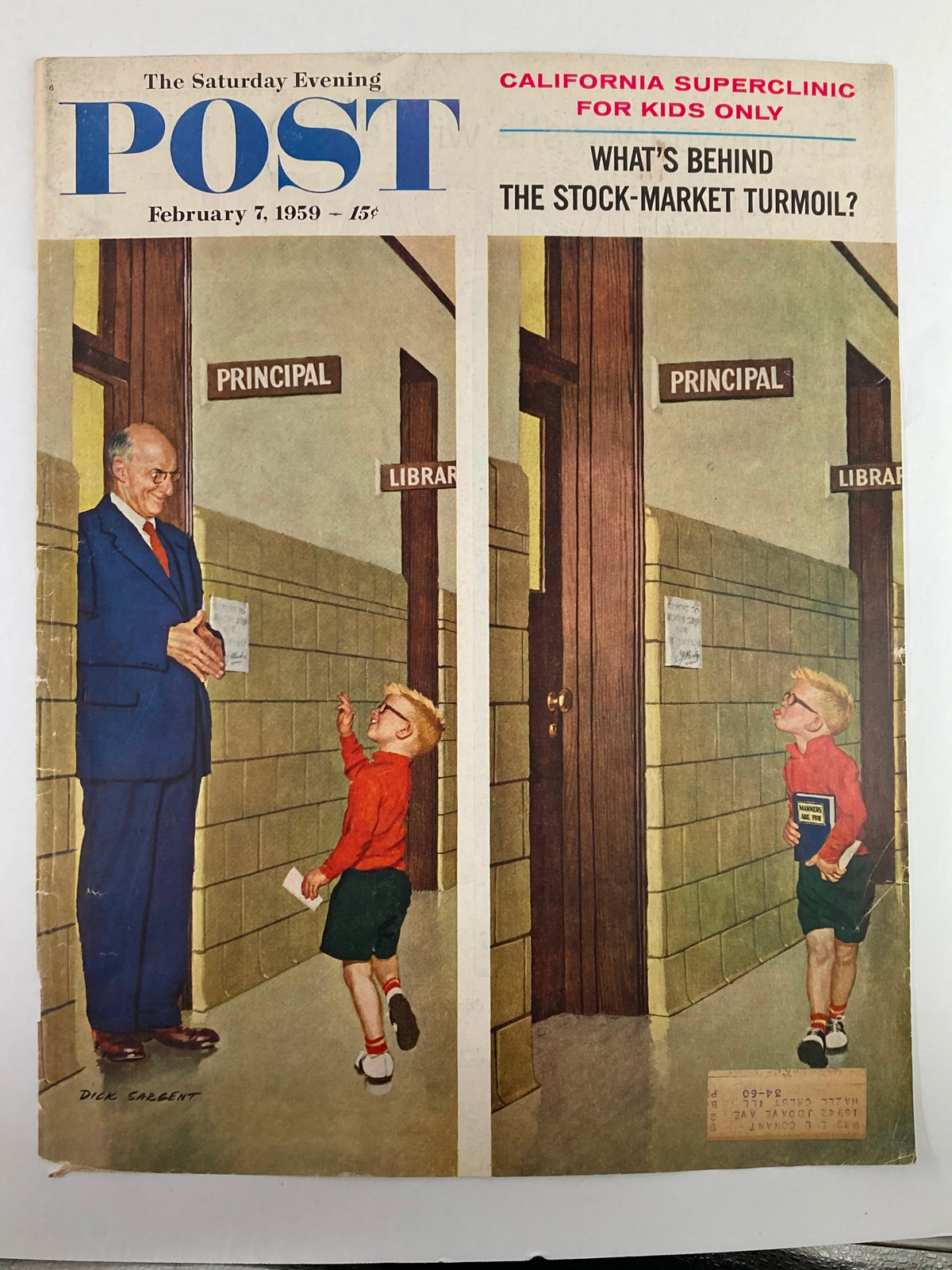 Cover of The Saturday Evening Post dated February 7, 1959, featuring an illustration of a child talking to a principal in a school hallway, highlighting the theme of "The Stock-Market Turmoil."