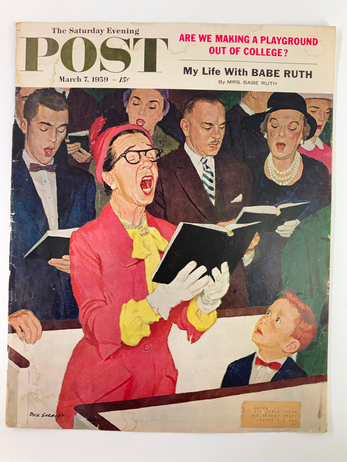 COVER ONLY The Saturday Evening Post March 7 1959 displaying a lively church choir scene with a focus on vibrant colors and a central female figure in pink attire, emphasizing a homage to Babe Ruth.