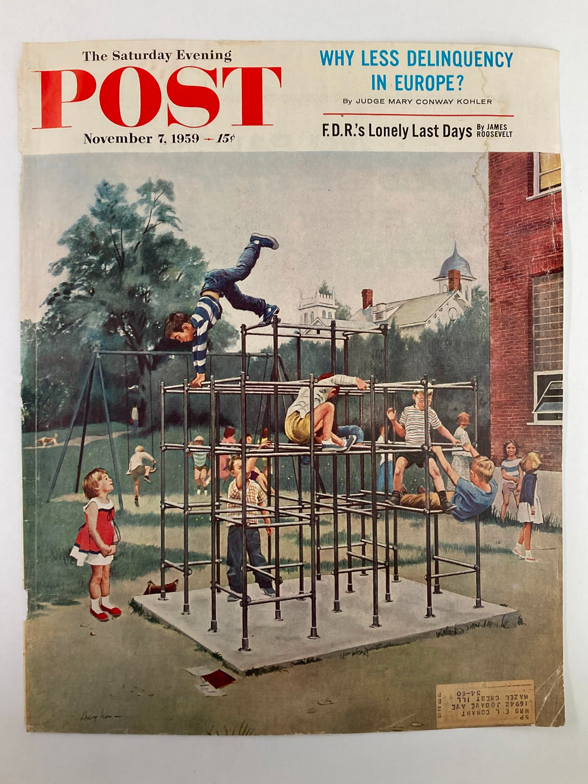 The Saturday Evening Post cover dated November 7, 1959, depicting a vibrant playground scene with kids climbing a jungle gym, emphasizing the poignant theme 'FDR's Lonely Last Days,' reflecting on American history.