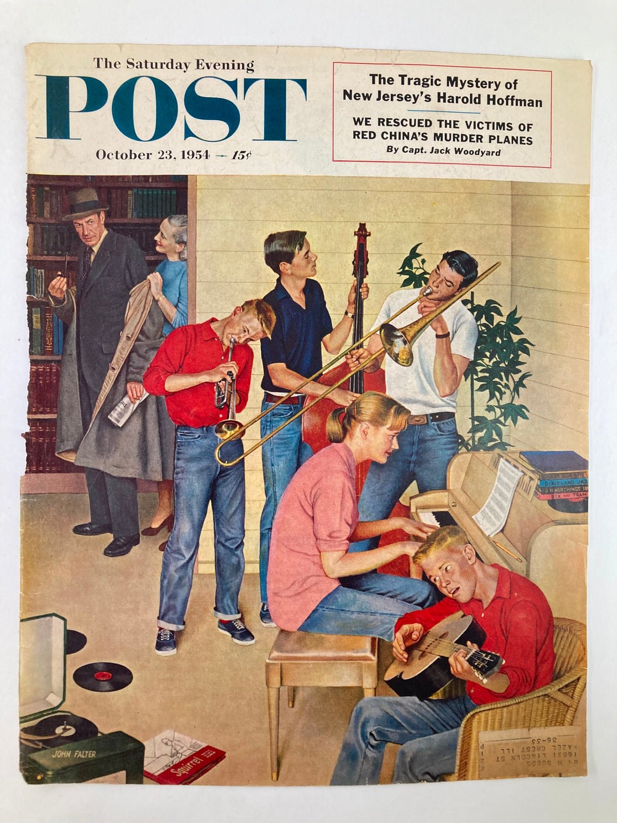 The Saturday Evening Post cover from October 23, 1954, showcasing New Jersey's Harold Hoffman, with an illustration of a dynamic group of young people playing instruments in a cozy setting.