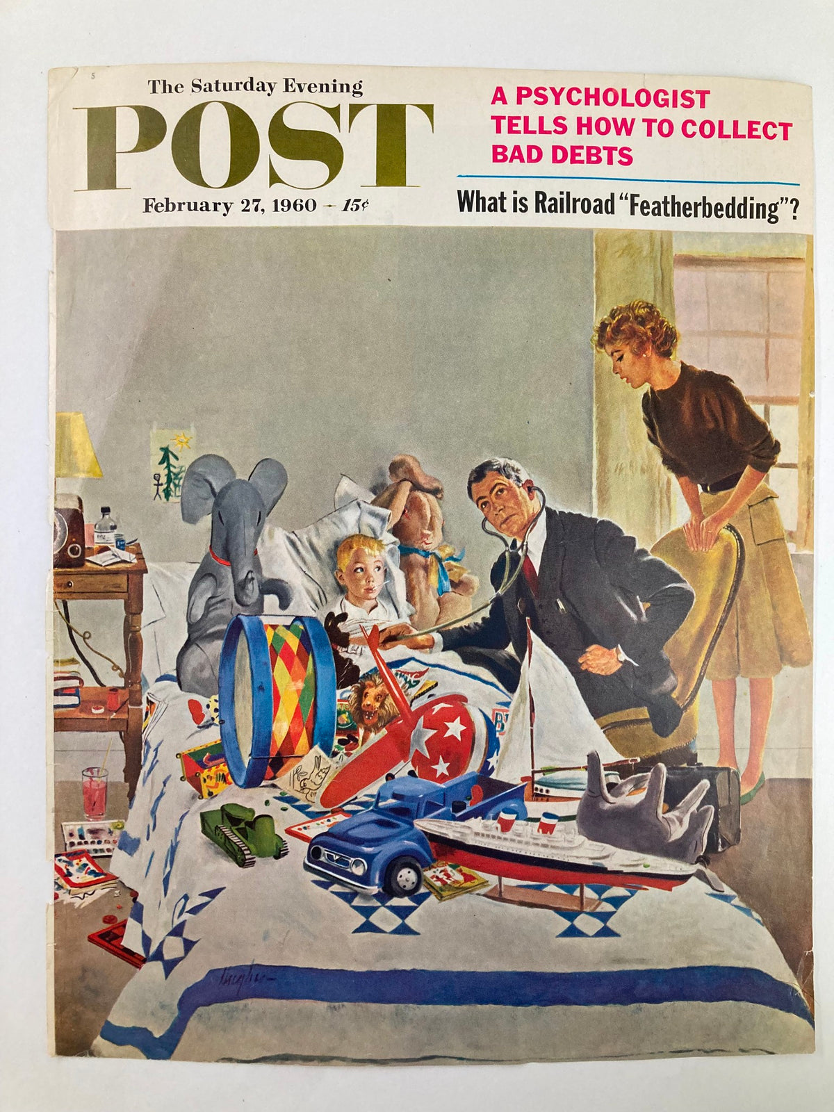 The Saturday Evening Post Cover from February 27, 1960 displaying a nostalgic scene with a child and adults engaged in conversation surrounded by toys and a featherbedding motif.