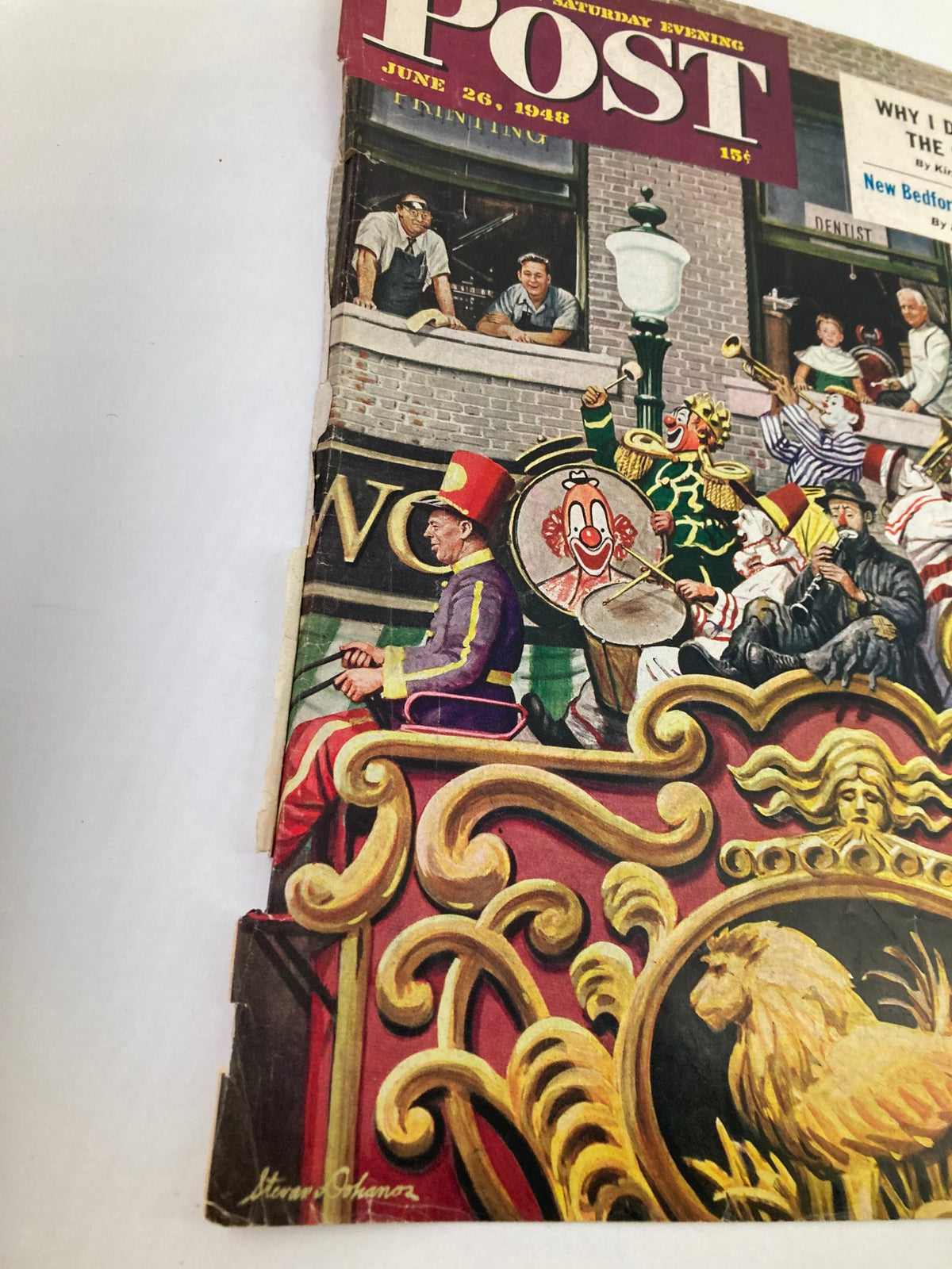 COVER ONLY The Saturday Evening Post June 16 1948 highlighting a detailed close-up of parade participants, featuring clowns and musicians from New Bedford, Massachusetts.
