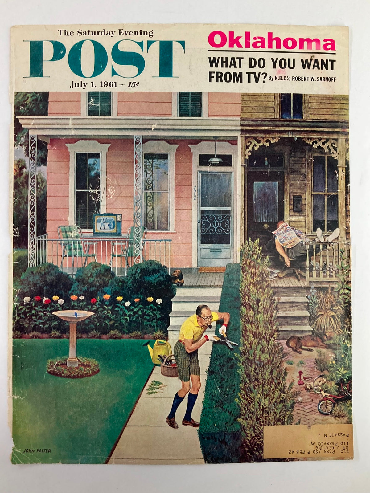 Cover of The Saturday Evening Post from July 1, 1961, titled 'What Do You Want From TV?', showcasing a vintage illustration of a man pruning hedges with a basket of gardening tools, highlighting early American culture.