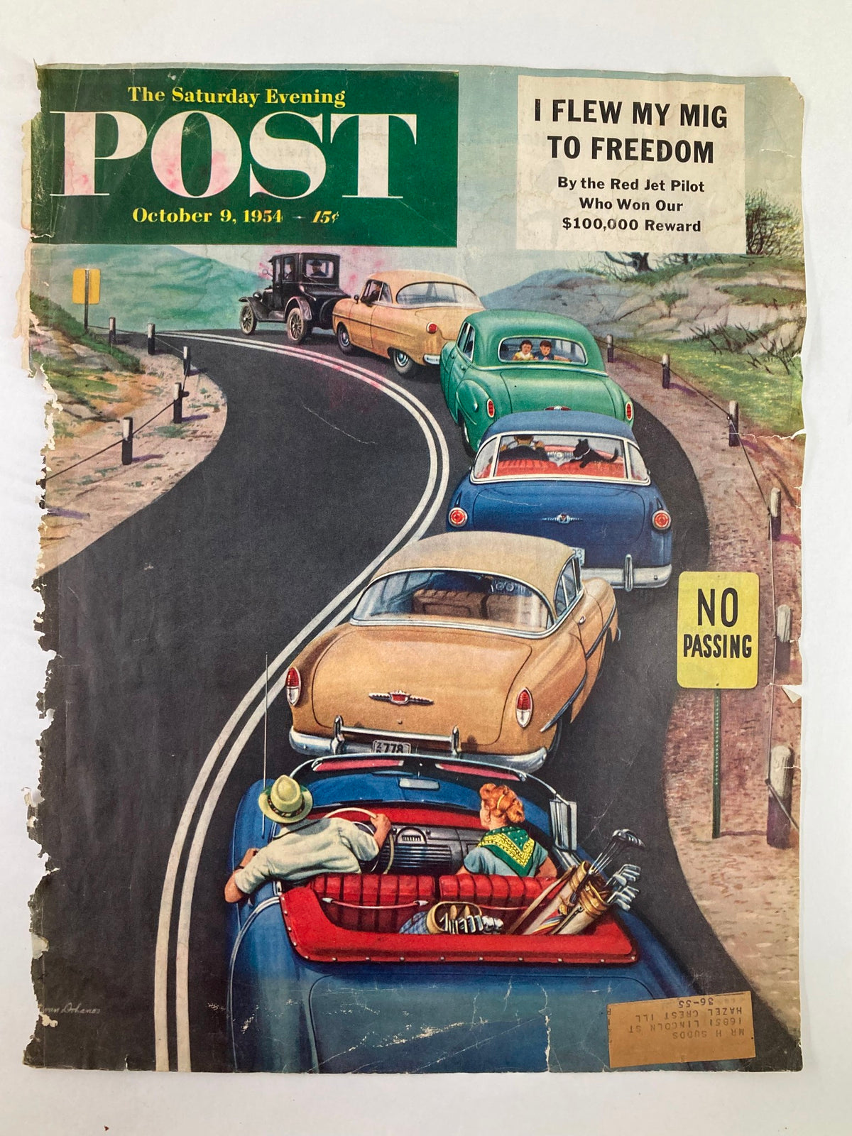 The Saturday Evening Post cover from October 9, 1954, titled 'I Flew My Mig To Freedom.' Shows an illustration of vintage vehicles on a winding road with a 'No Passing' sign.