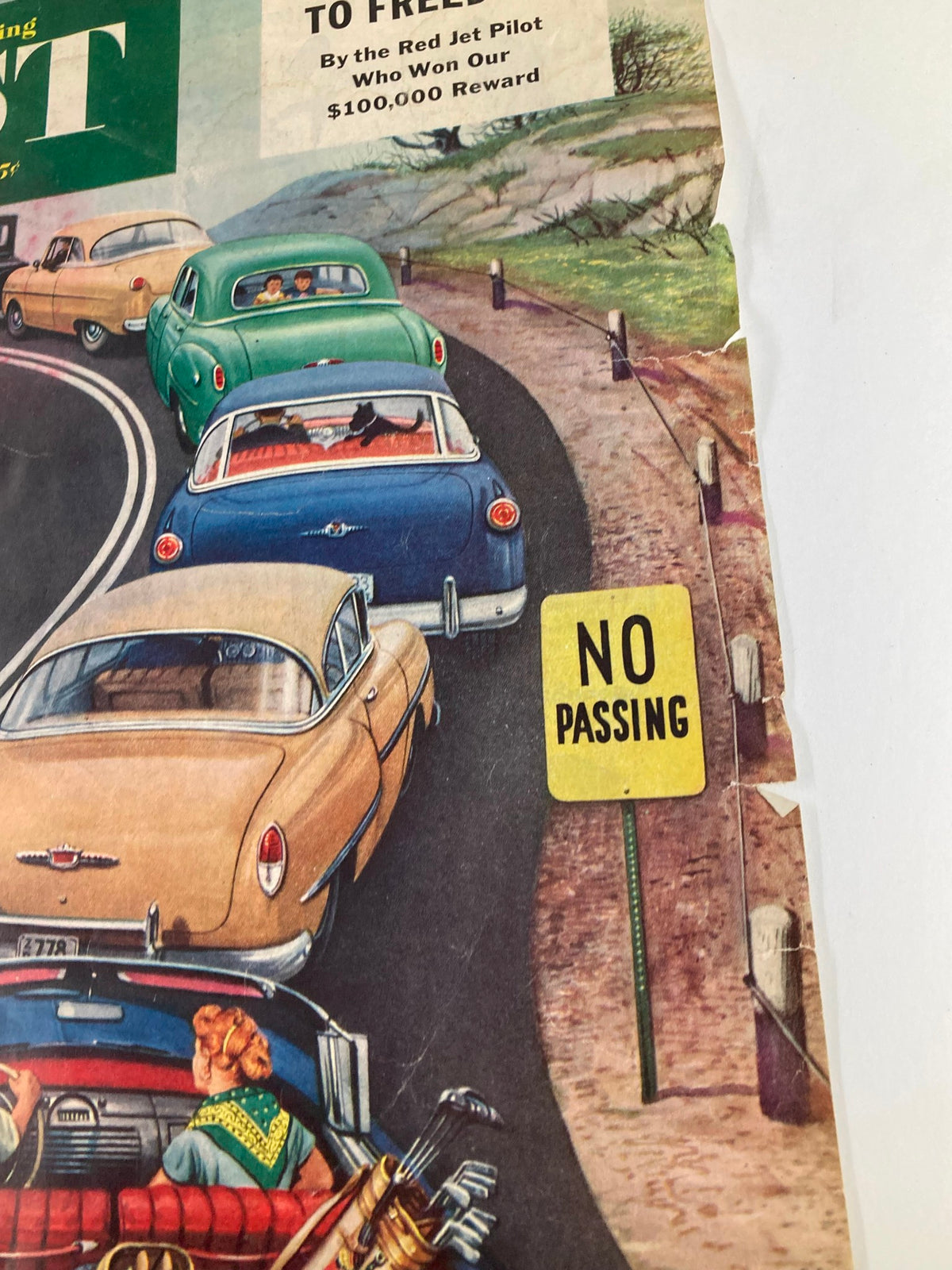 Detail shot of The Saturday Evening Post cover from October 9, 1954, with the title 'I Flew My Mig To Freedom,' showing classic cars and a 'No Passing' sign along the side of the road.