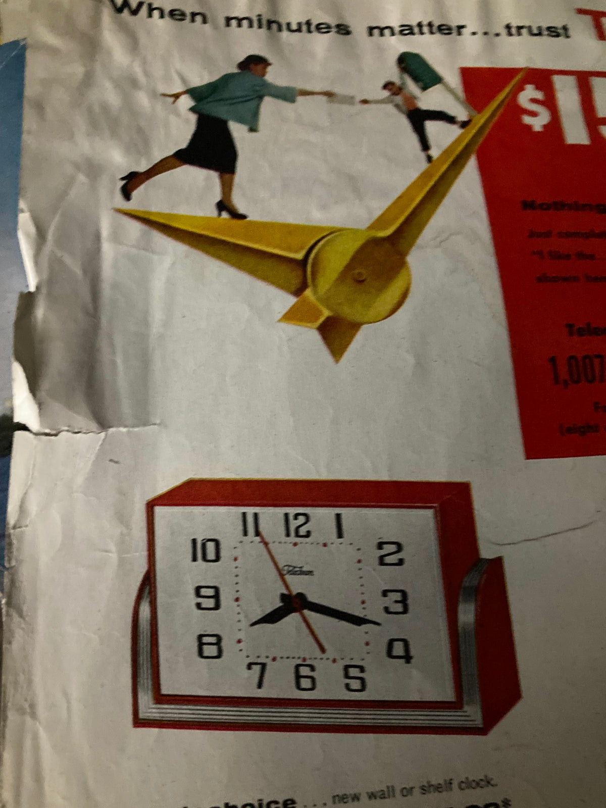 Illustration featuring Telechron electric clocks and a dynamic scene depicting urgency, from the COVER ONLY of The Saturday Evening Post October 9 1954 I Flew My Mig To Freedom.