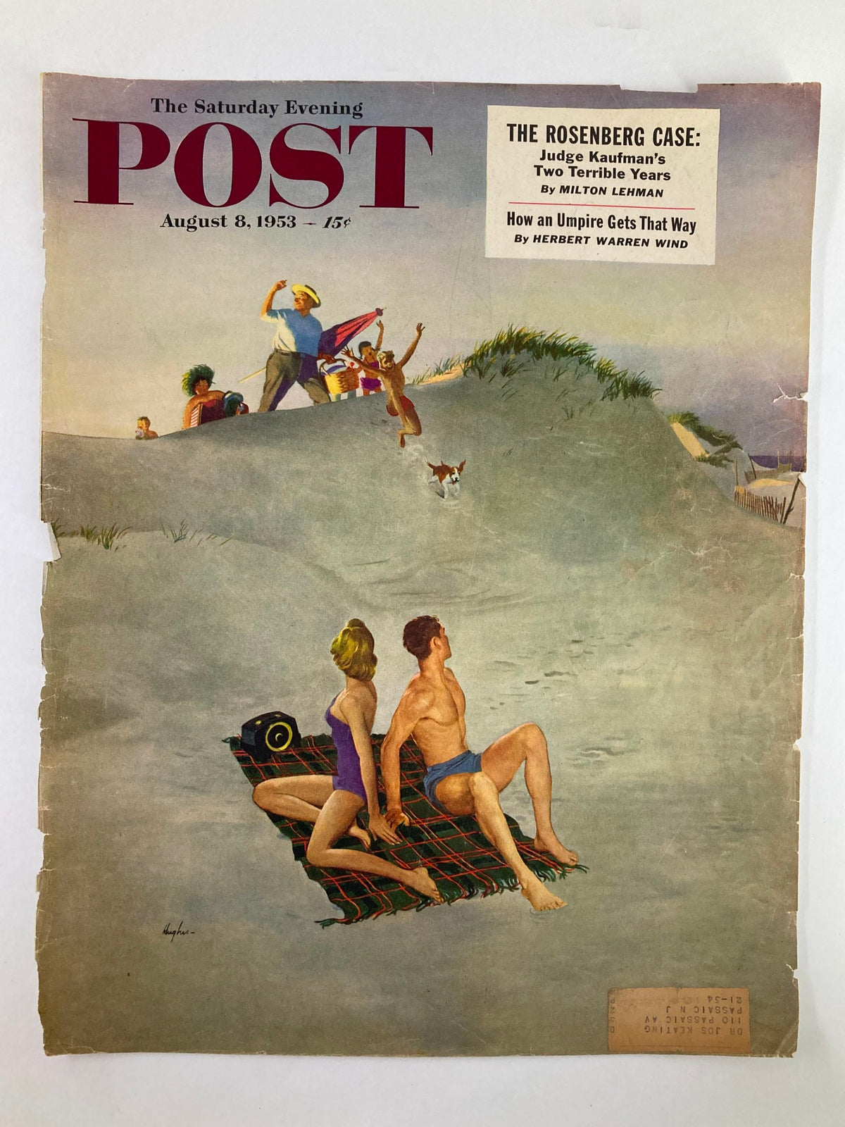 Cover of The Saturday Evening Post from August 8, 1953, showcasing the 'The Rosenberg Case' theme. Depicts a couple seated on a beach blanket with a vintage radio, surrounded by beachgoers and sand dunes.