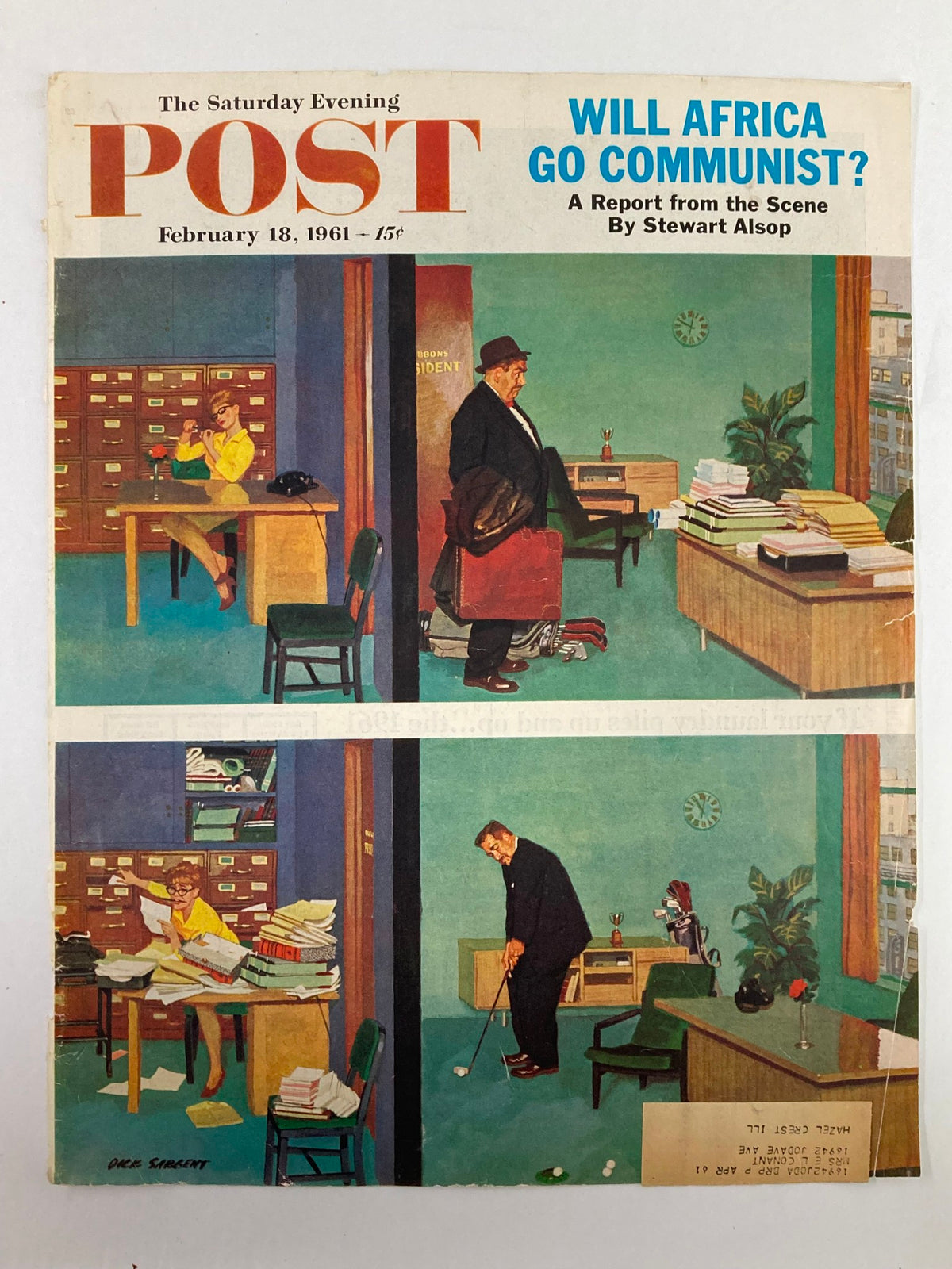 COVER ONLY The Saturday Evening Post from February 18, 1961, showing the intriguing cover art with the question 'Will Africa Go Communist?' and scenes of office life.