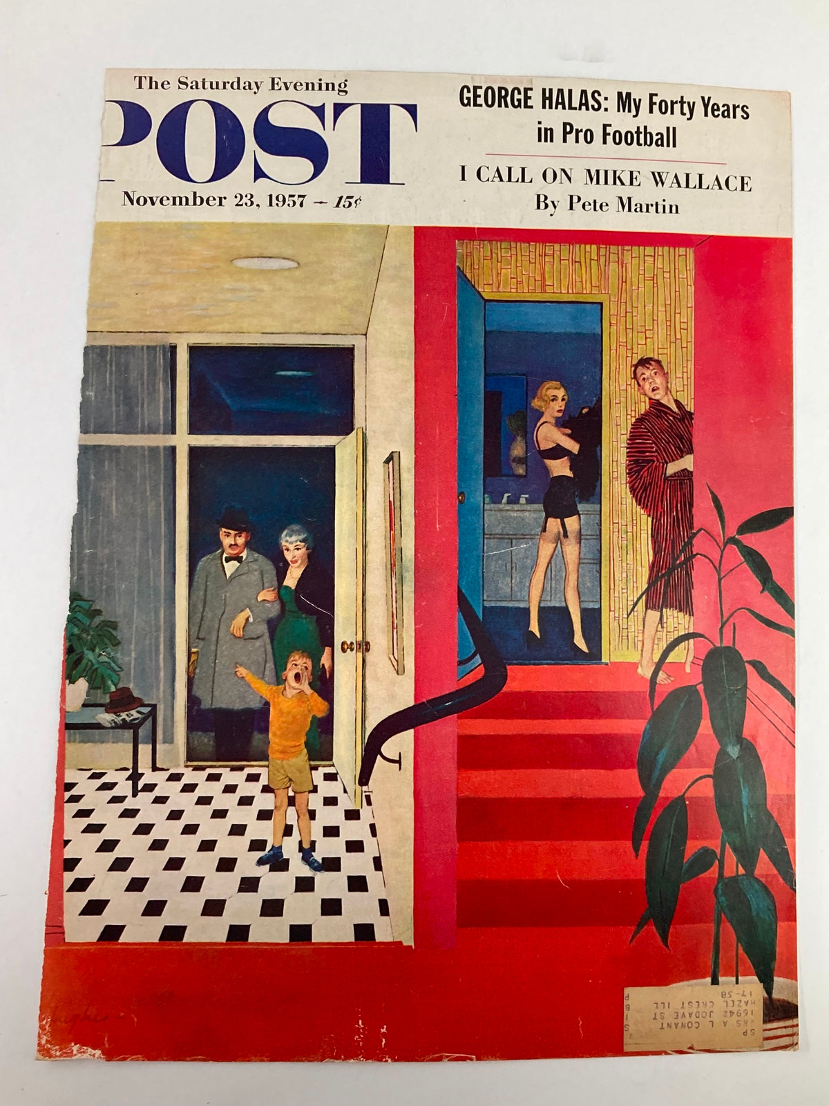 Cover of The Saturday Evening Post November 23 1957 featuring George Halas, vibrant door scene, and a family receiving guests.