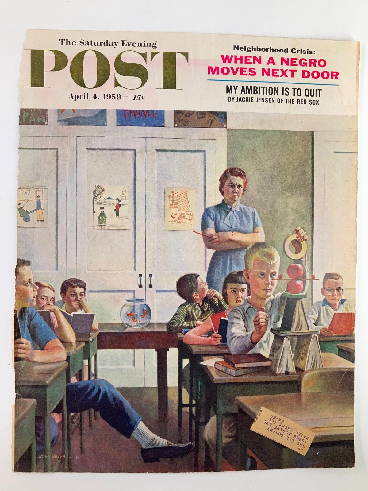 Cover of The Saturday Evening Post from April 4, 1959, showcasing the title 'My Ambition Is To Quit'. The image depicts a classroom environment where children are interacting with their teacher, surrounded by educational materials, capturing the nostalgic essence of the 1950s.