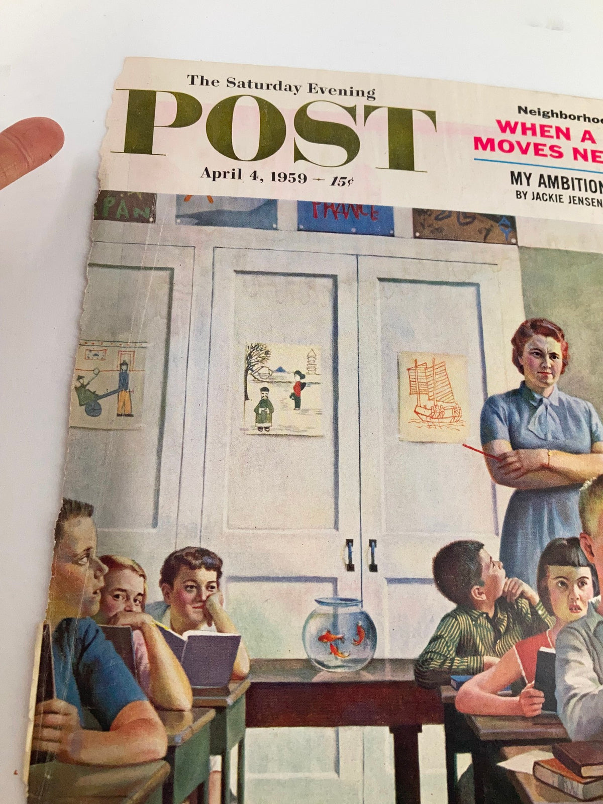 Cover of The Saturday Evening Post dated April 4, 1959, featuring a classroom scene with children and artwork on the walls, highlighting the vintage theme 'My Ambition Is To Quit.'
