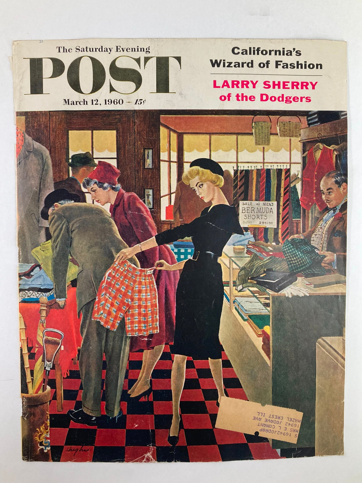 Cover of The Saturday Evening Post from March 12, 1960 featuring Larry Sherry of the Dodgers, depicting a fashionable scene with shoppers in a clothing store.