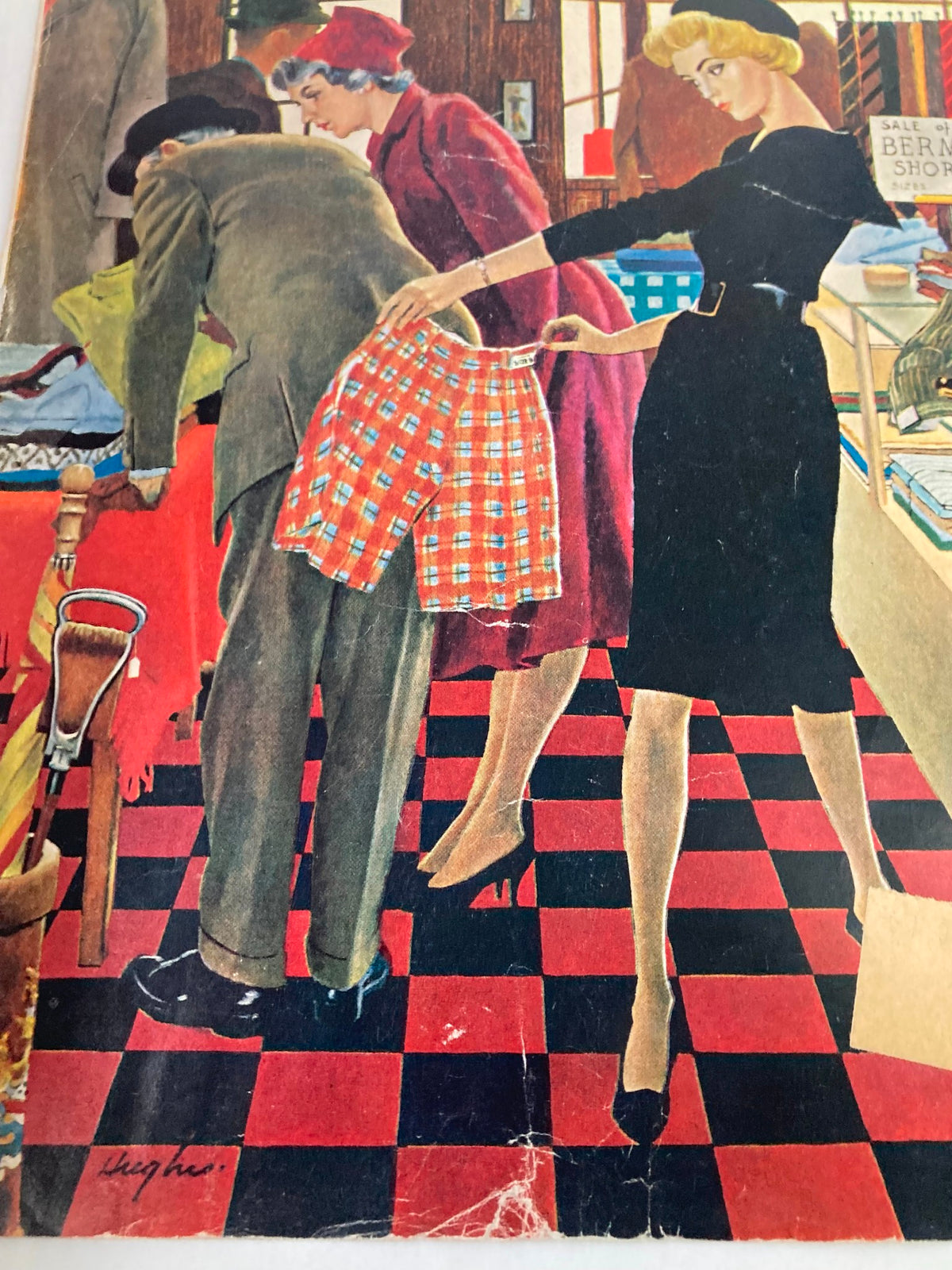 Close-up view of the March 12, 1960 cover of The Saturday Evening Post featuring Larry Sherry of the Dodgers, showcasing a woman holding checked shorts amidst a stylish shopping environment.