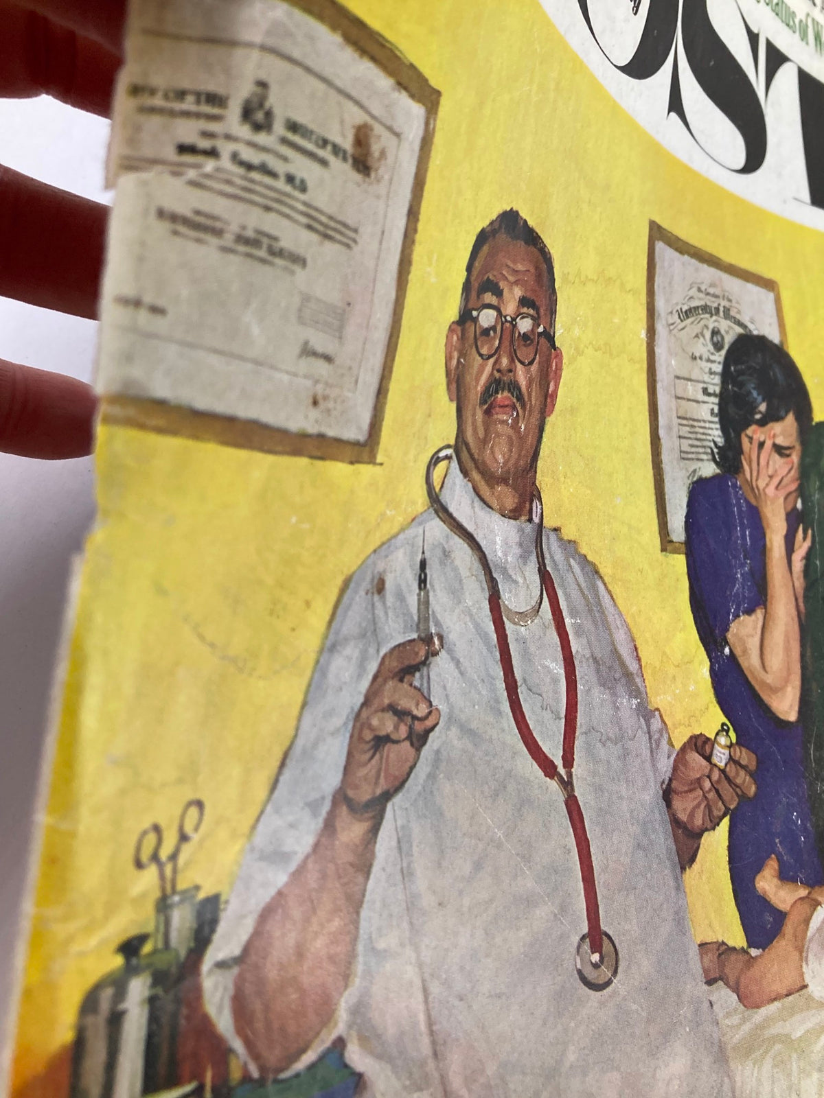 COVER ONLY The Saturday Evening Post March 3 1962 zoomed in on the doctor with a stethoscope, showcasing the cover design that represents Margaret Mead's insights on cultural transformations.