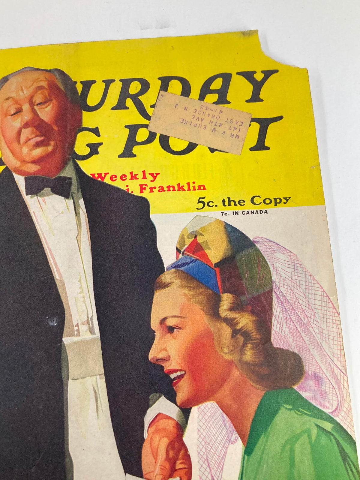 Close-up of the cover of The Saturday Evening Post, September 6, 1941, highlighting the title 'Prescription for Murder' alongside a vintage illustration of a woman and a waiter.