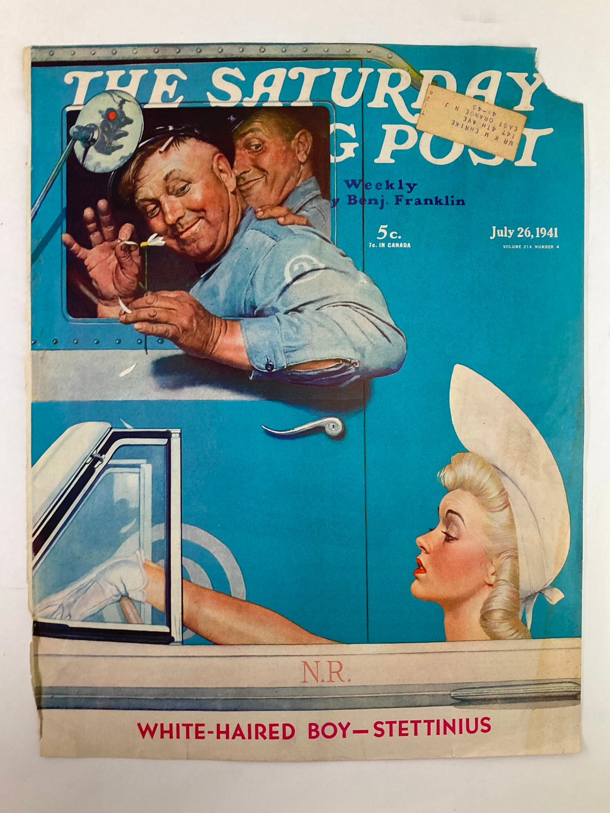 The Saturday Evening Post Cover - July 26 1941 featuring White-Haired Boy, Stettinius, displaying two smiling men and a woman in a vintage car setting.