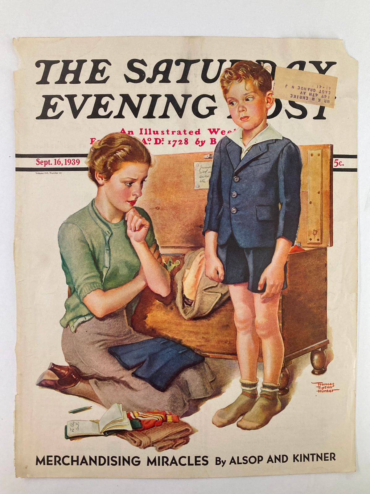 Cover of The Saturday Evening Post dated September 16, 1939, featuring a mother and son, themed 'Merchandising Miracle', showcasing a vintage Americana design.
