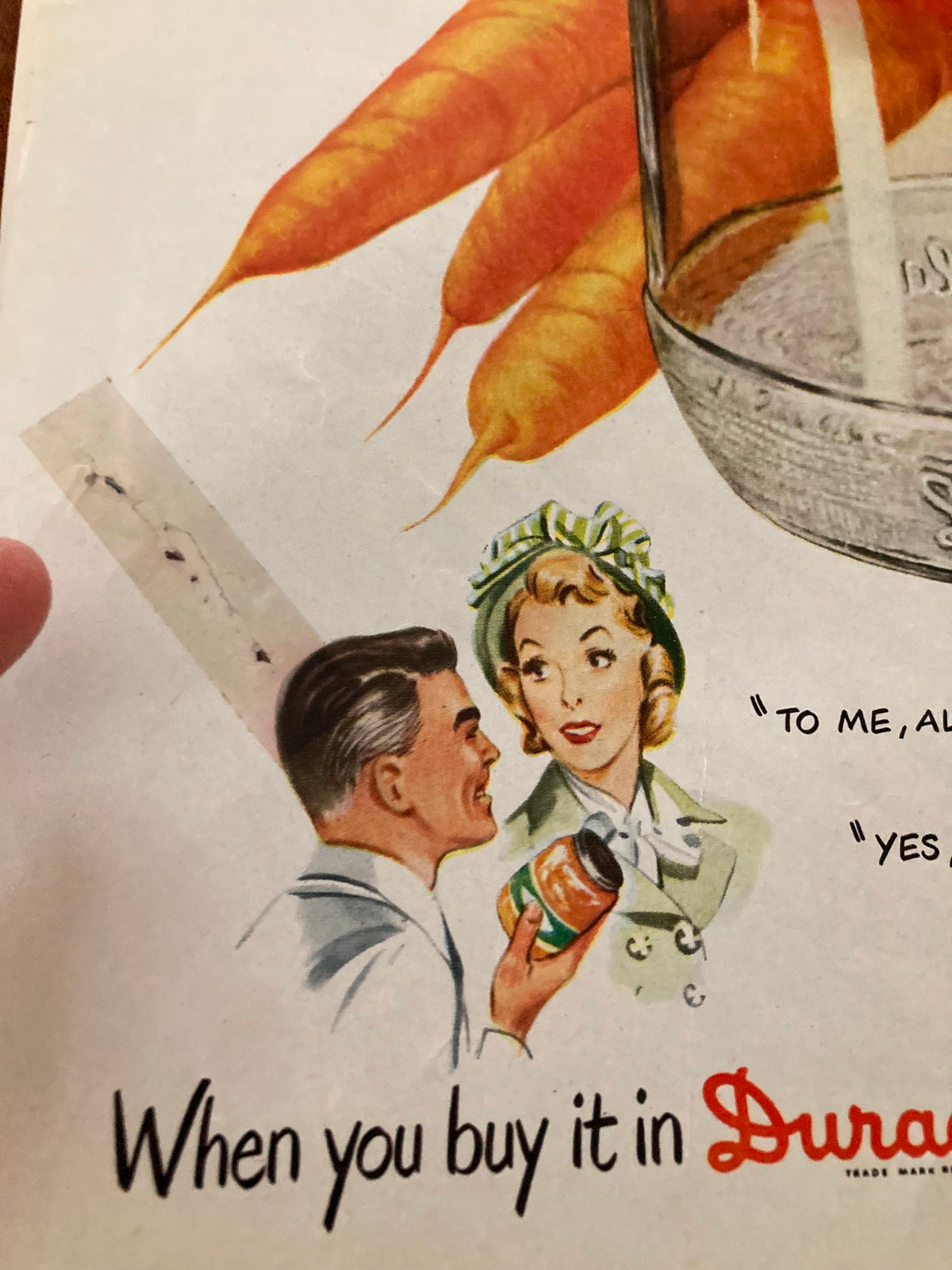 An advertisement on the back cover of a vintage magazine, featuring a man and a woman in conversation with carrots in the background, promoting a brand with the slogan 'When you buy it in Duran'.