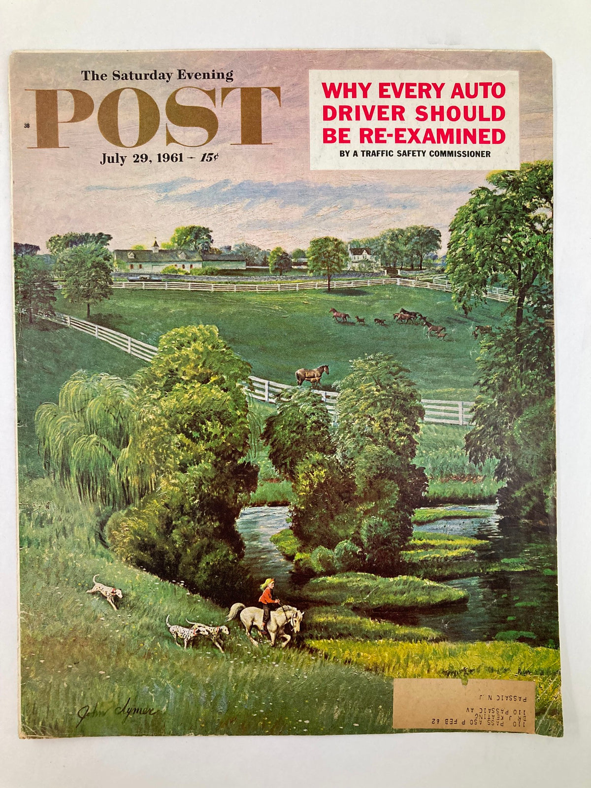 COVER ONLY The Saturday Evening Post July 29 1961 with the cover art 'Why Every Auto Driver Should Be Re-Examined,' showcasing a picturesque countryside scene of a rider on horse and playful dogs.