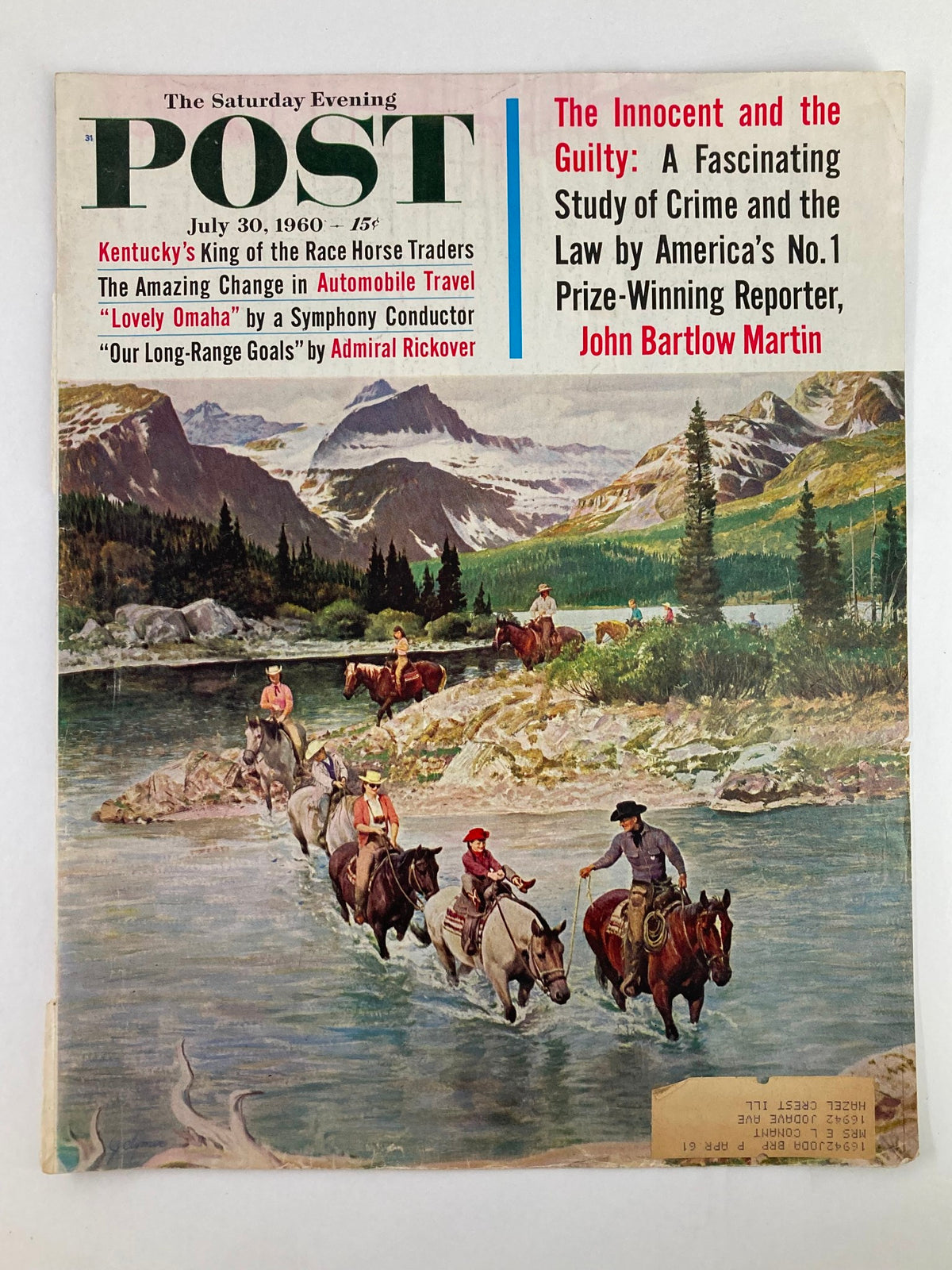 The Saturday Evening Post cover from July 30, 1960, showcasing the title 'The Innocent and The Guilty' with a picturesque depiction of horses and riders wading through a river in a natural landscape.