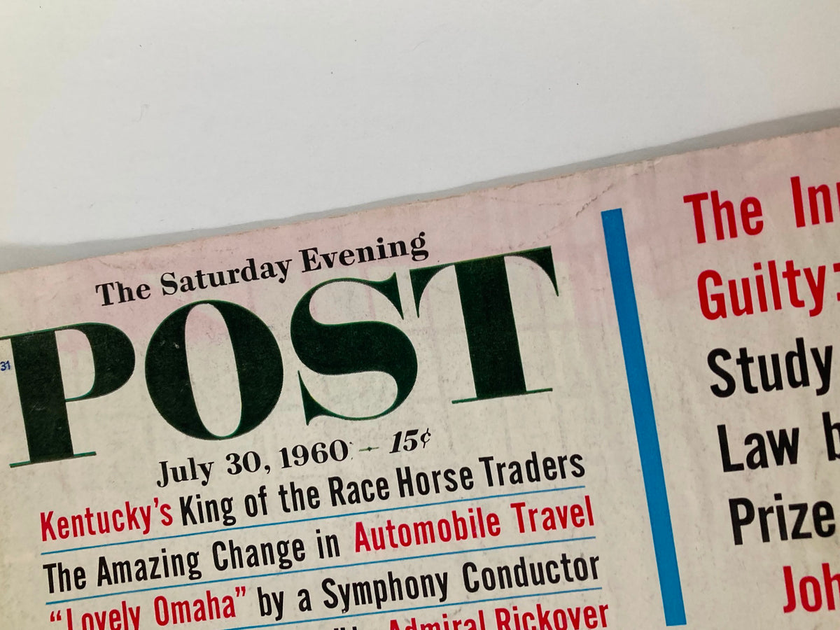 Close-up view of the July 30, 1960 Saturday Evening Post cover, emphasizing the title 'The Innocent and The Guilty' and the detailed illustration of the outdoor scene featuring riders and mountains.