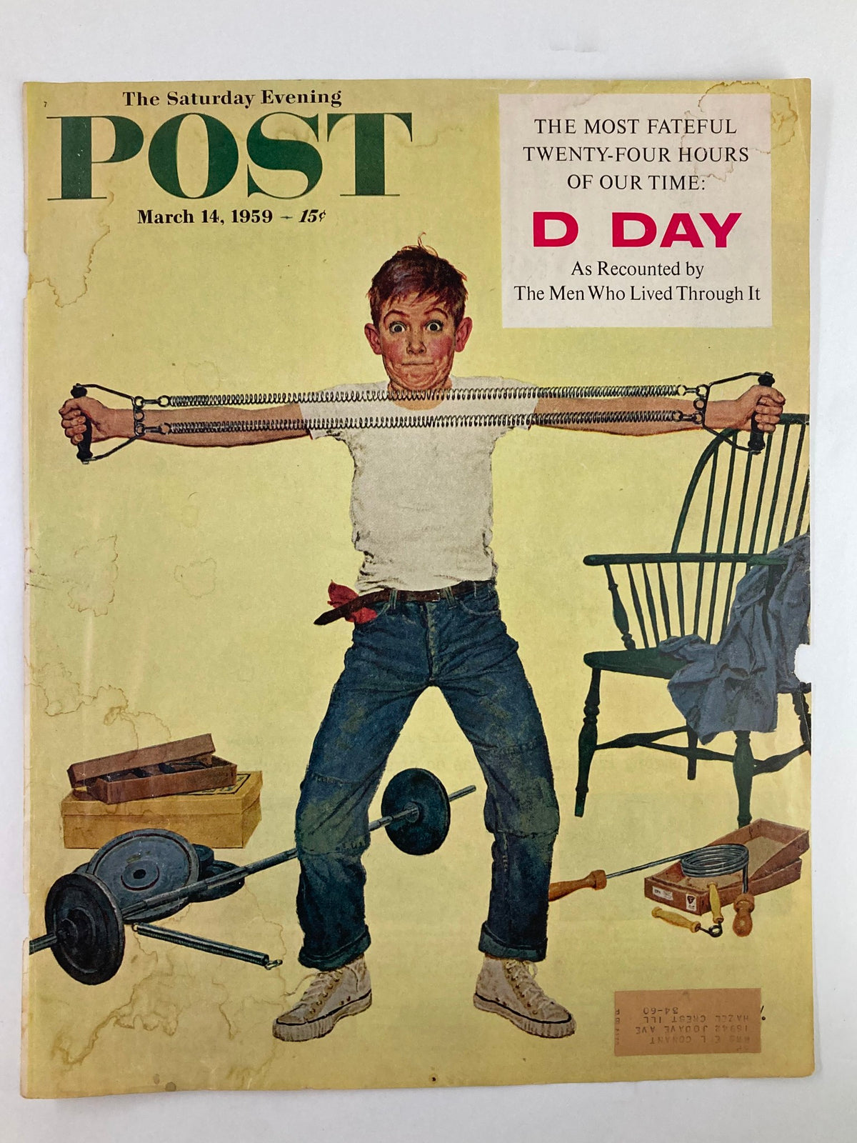 The Saturday Evening Post vintage cover dated March 14, 1959, showcasing a boy with weights, symbolizing the historical narrative of D Day.