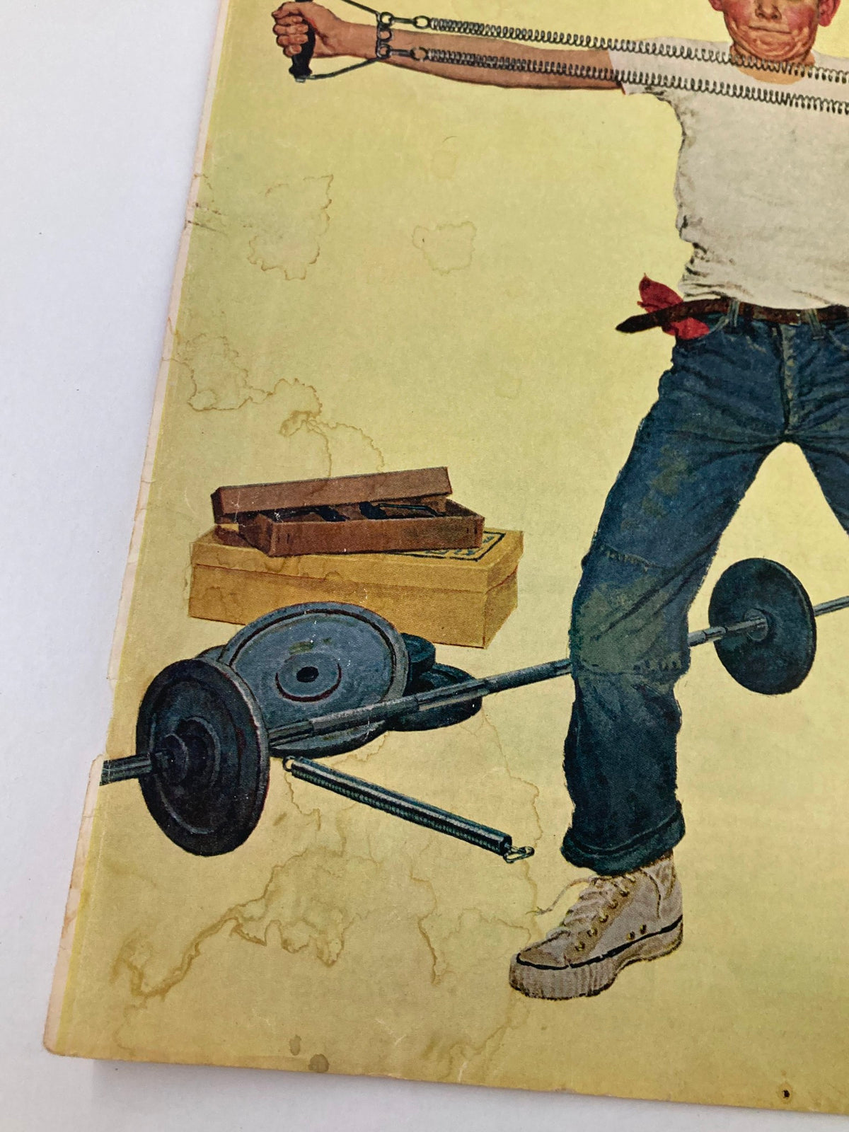 Vintage cover detail from The Saturday Evening Post March 14 1959, featuring a dynamic illustration of a youth lifting weights, symbolizing strength and determination. Ideal for collectors of historical magazine memorabilia.