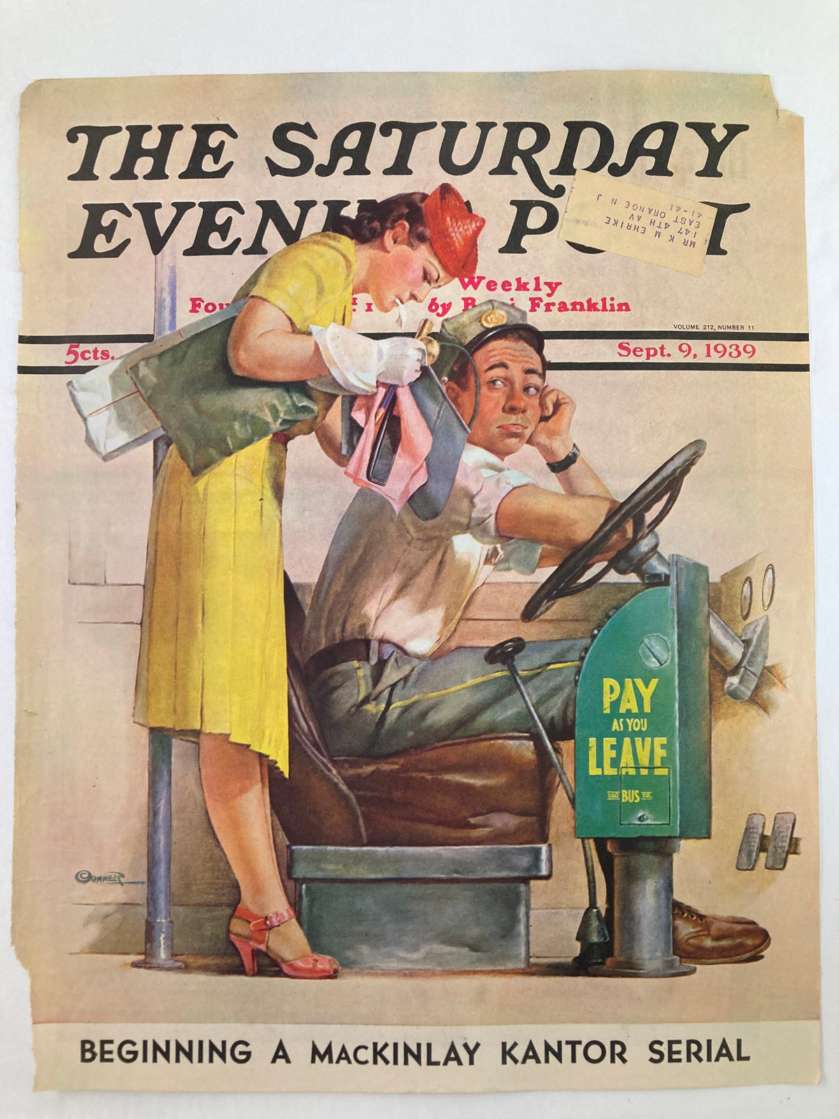 Cover of The Saturday Evening Post from September 9, 1939 featuring an illustration of a bus driver and a woman in yellow attire, beginning a MacKinlay Kantor serial.