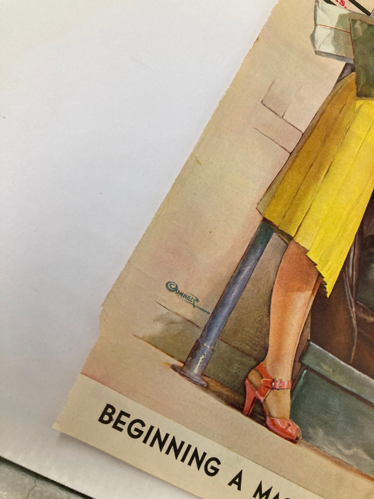 Close-up of the lower section of The Saturday Evening Post cover from September 9, 1939, showcasing the woman's stylish red heels and the text 'Beginning a MacKinlay Kantor Serial'.
