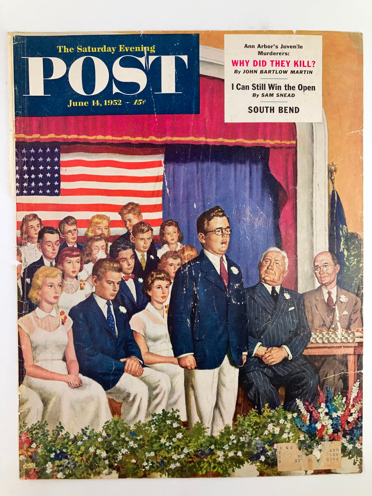 COVER ONLY The Saturday Evening Post June 13 1952 displaying a dramatic scene related to Ann Arbor's Juvenile Murderers, featuring an illustrated courtroom gathering with a boy in a suit, audience members, and the American flag.