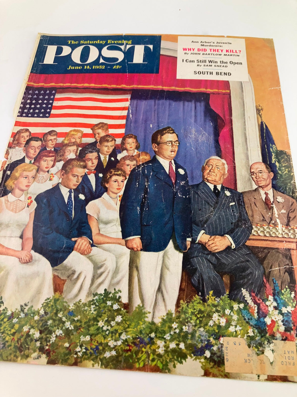 COVER ONLY The Saturday Evening Post June 13 1952 spotlighting an illustration of a courtroom setting surrounding Ann Arbor's Juvenile Murderers case, highlighting young figures in formal dress before an attentive audience.