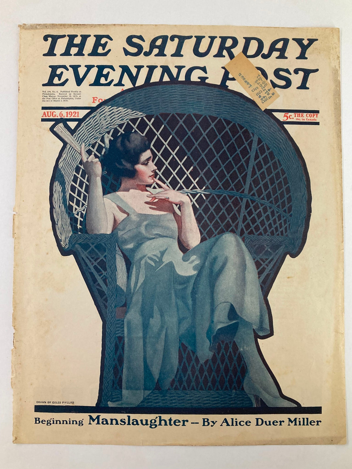 Cover of The Saturday Evening Post from August 6, 1921, showing a poised woman seated in a wicker chair, highlighting the title 'Beginning Manslaughter - By Alice Duer Miller'.