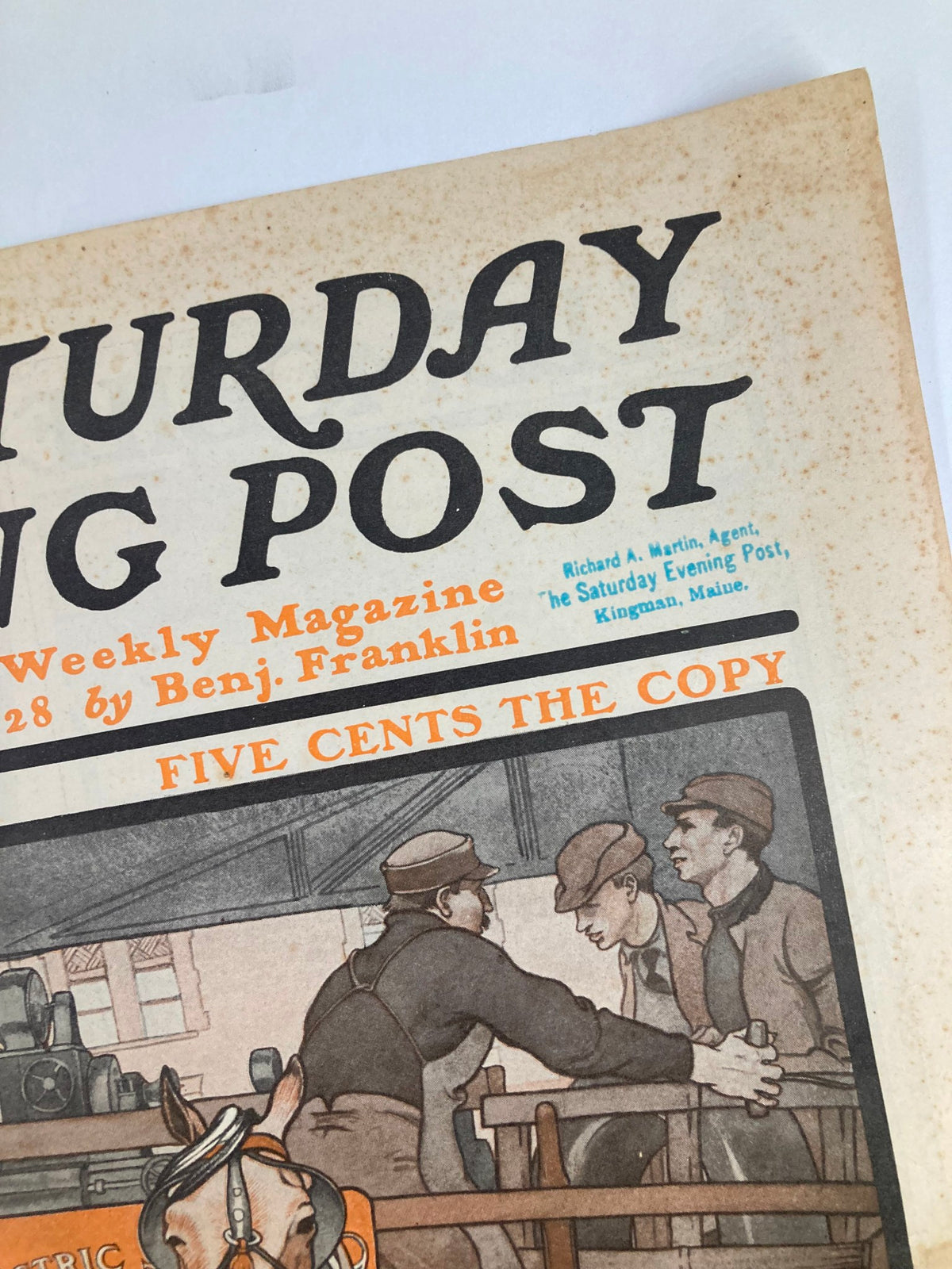 Detailed view of the May 14 1904 cover of The Saturday Evening Post showcasing the price and publication information related to The Buccaneers.